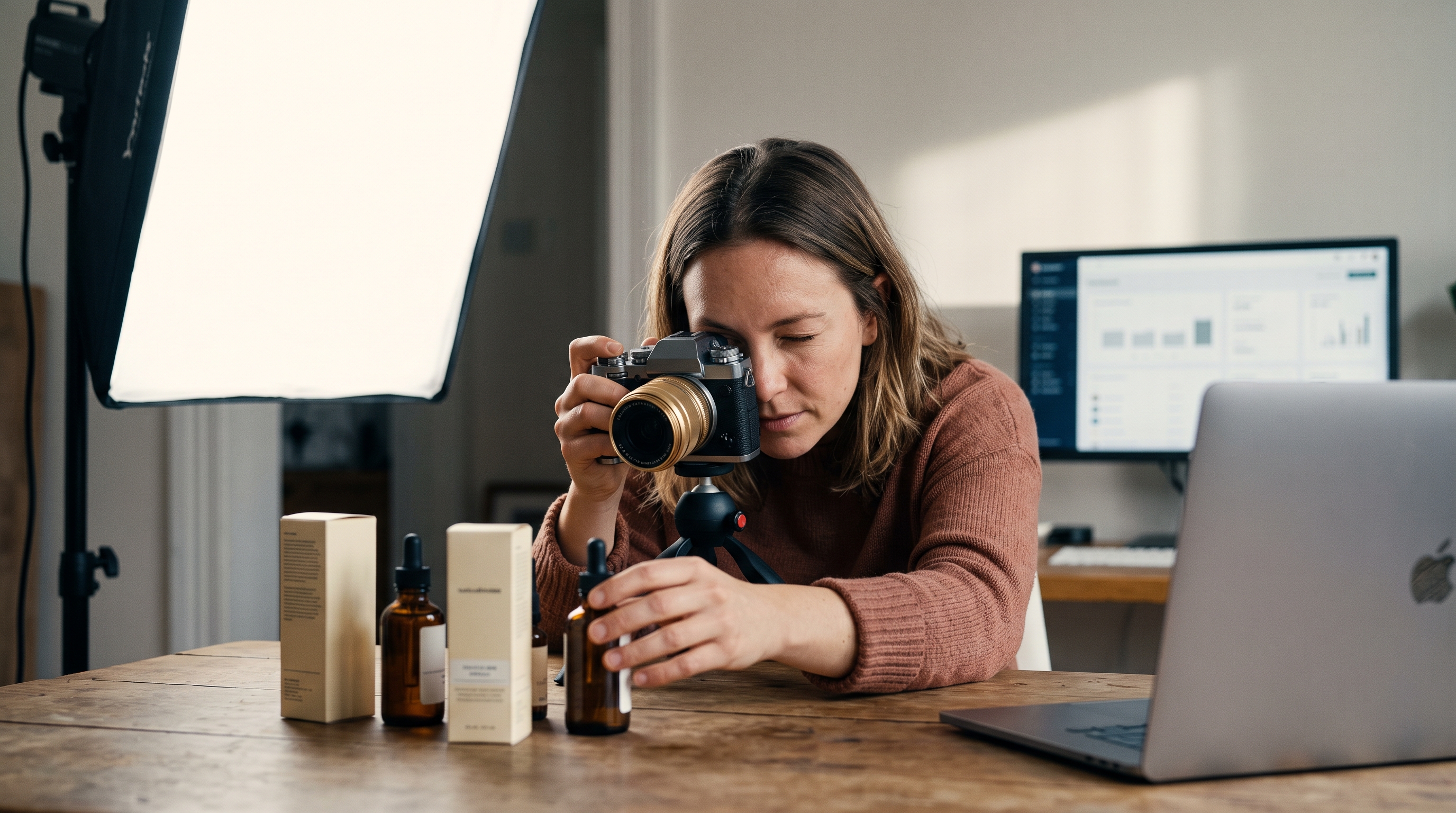 Small business owner photographing skincare bottles on a wooden table under a softbox light in a home studio