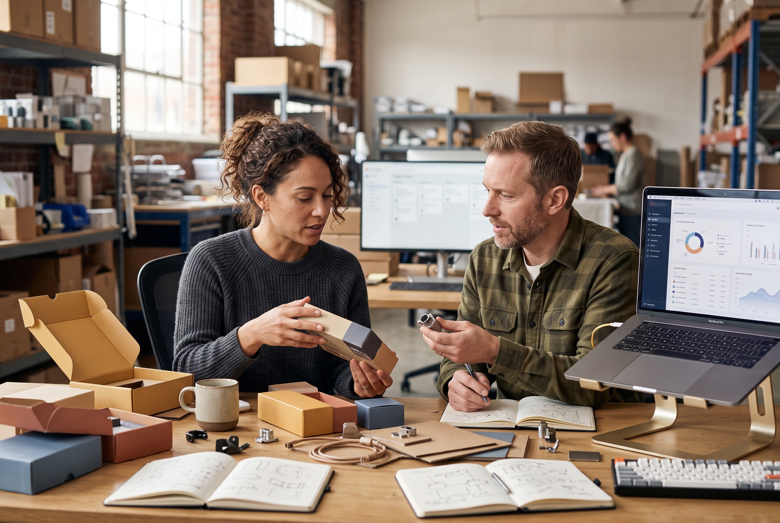 Two founders reviewing product samples and packaging on a cluttered desk in a bright warehouse workspace