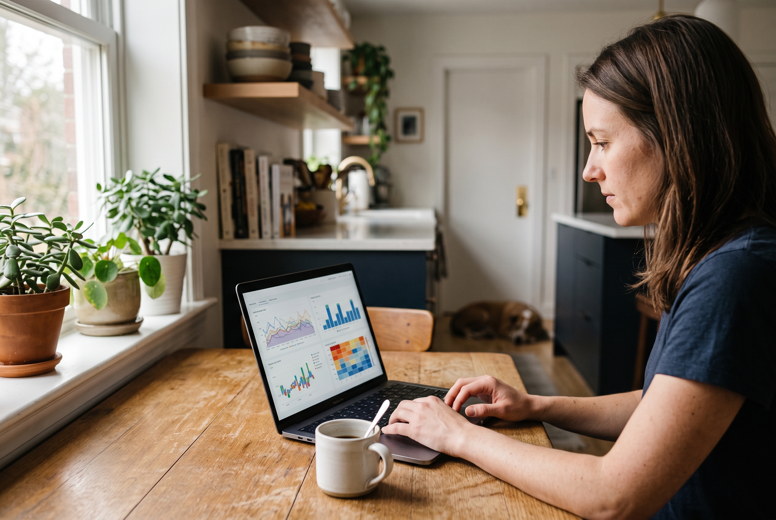 Founder examining a search trends report on a laptop over morning coffee at a kitchen table near a window