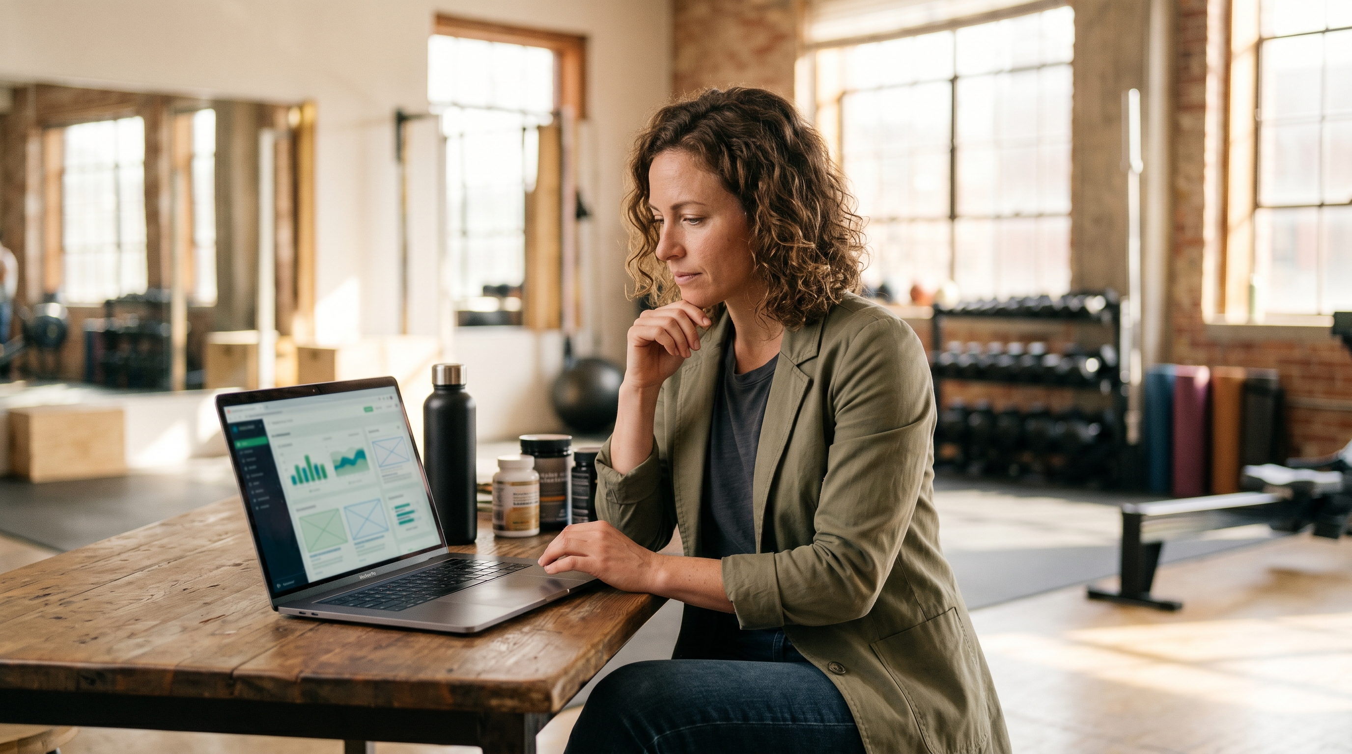 Fitness brand founder reviewing supplement product pages on a laptop in a sunlit gym studio