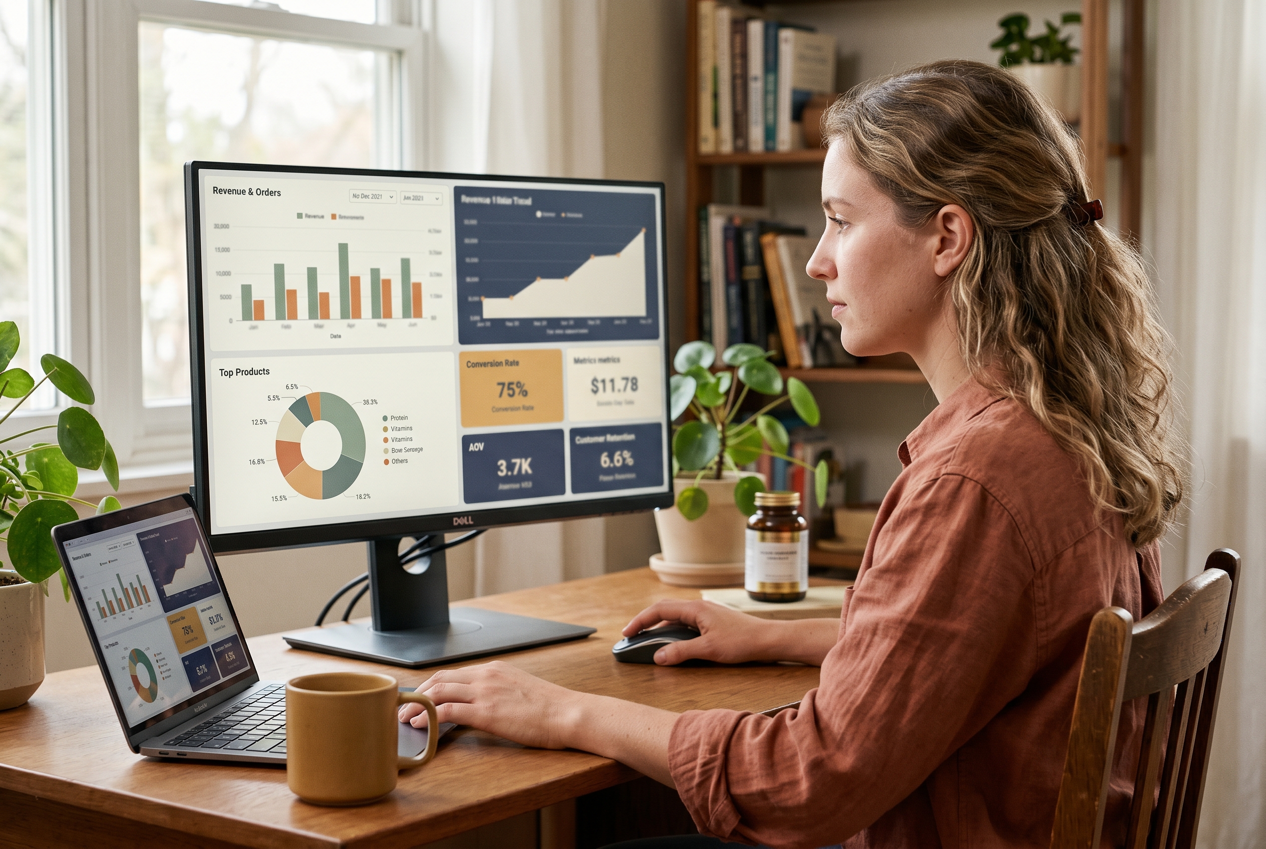 Split screen comparison of four ecommerce dashboards showing supplement products and analytics