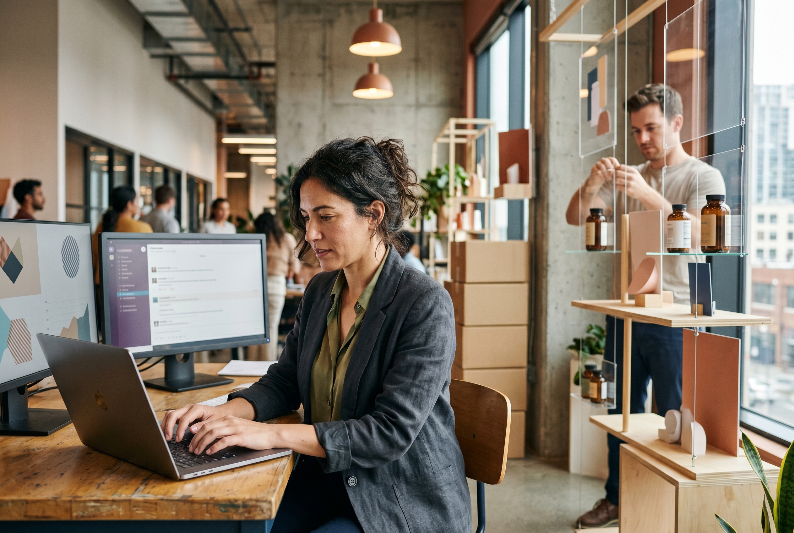 Founder typing a brand description into a chat interface as a complete supplement storefront builds itself in the background