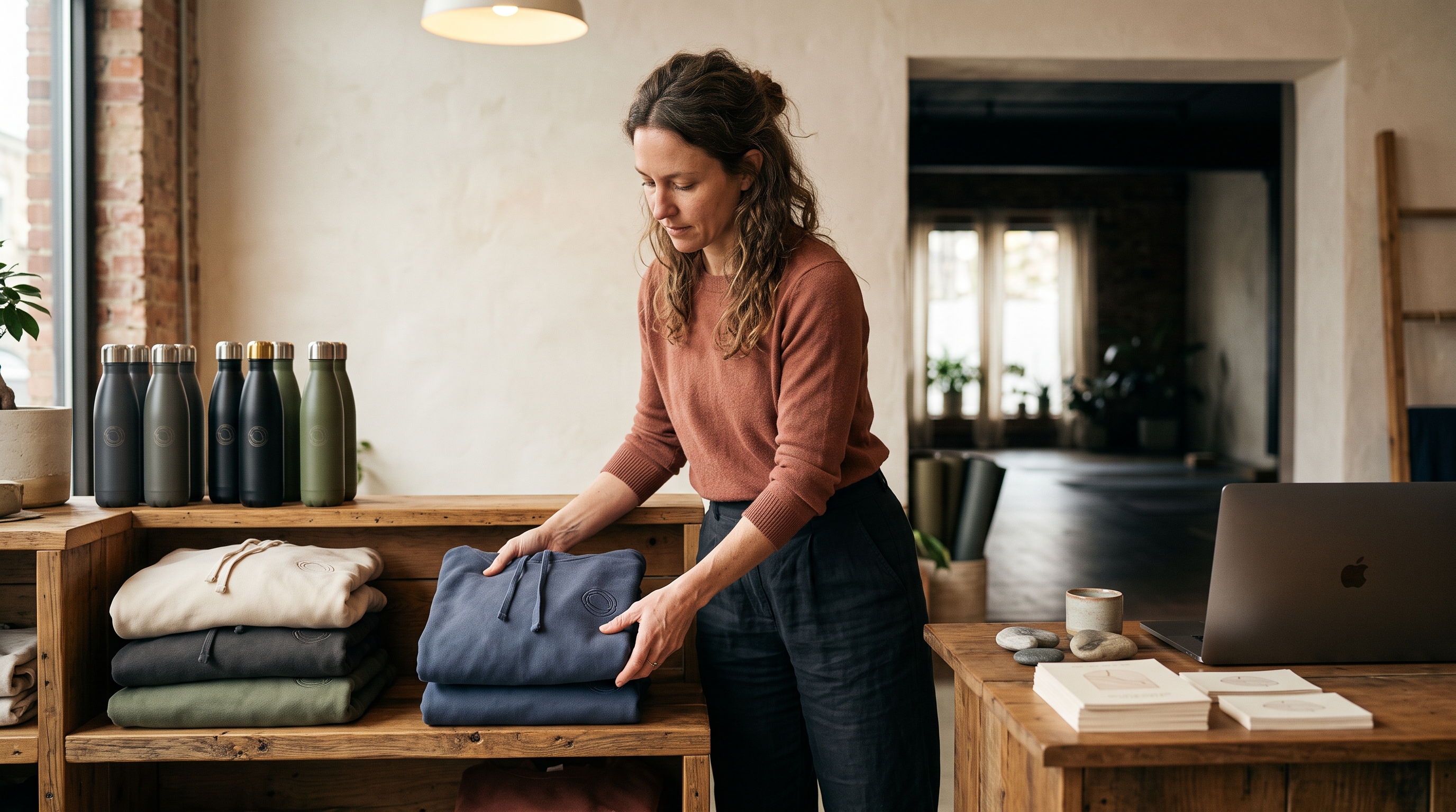 Yoga studio owner arranging folded branded hoodies and water bottles on a wooden shelf beside the front desk