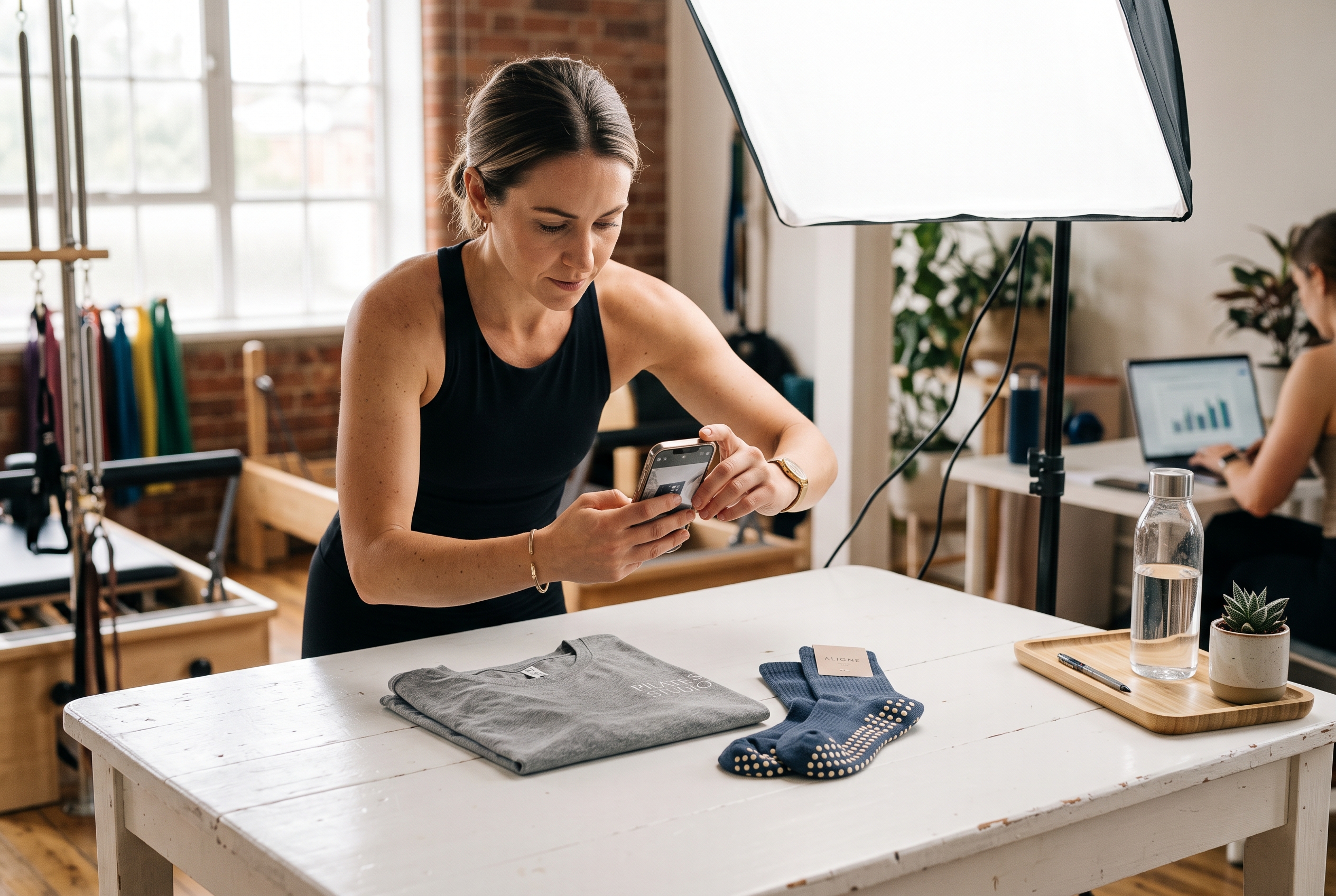 Pilates instructor photographing grip socks and a folded studio tee on a white table with a softbox light