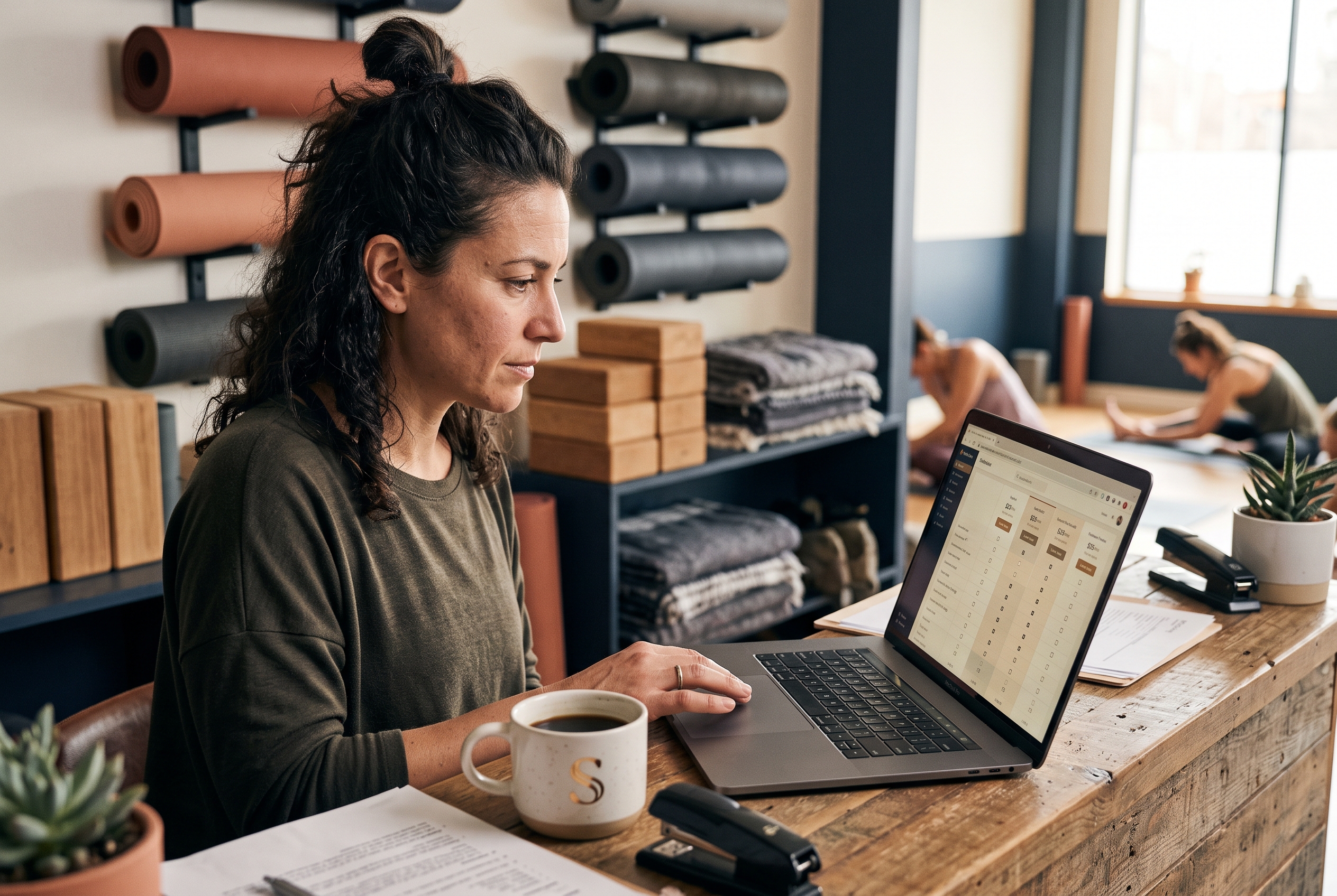 Studio owner comparing platform plans on a laptop at a reception desk with a coffee and yoga mats behind her