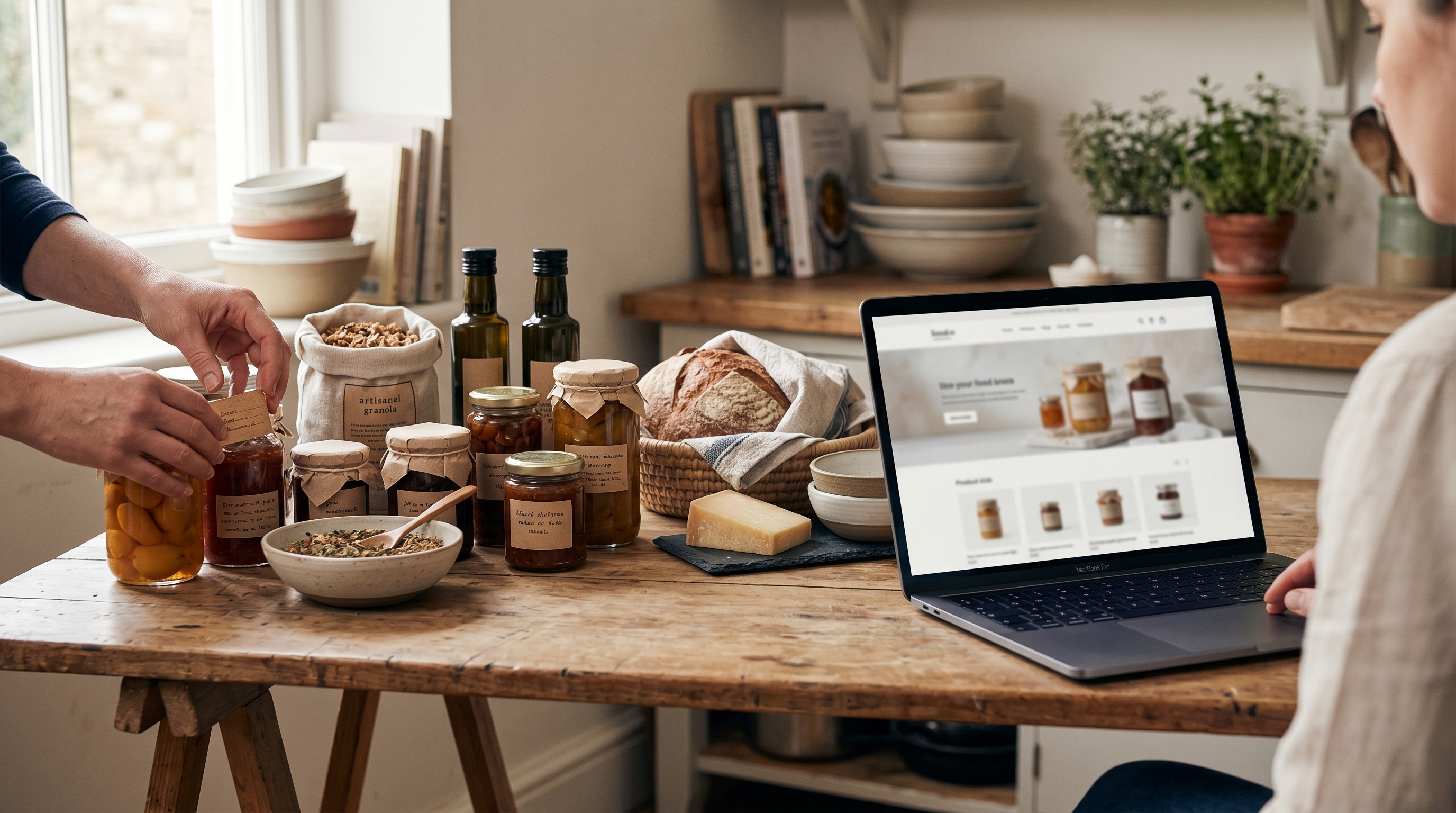 Artisan food products arranged on a wooden table next to a laptop showing an online store homepage