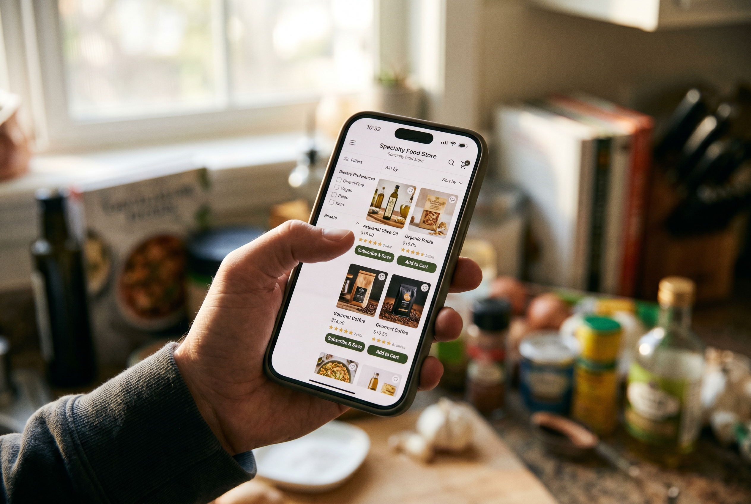 Close-up of a smartphone screen displaying a specialty food store with subscription options and dietary filters