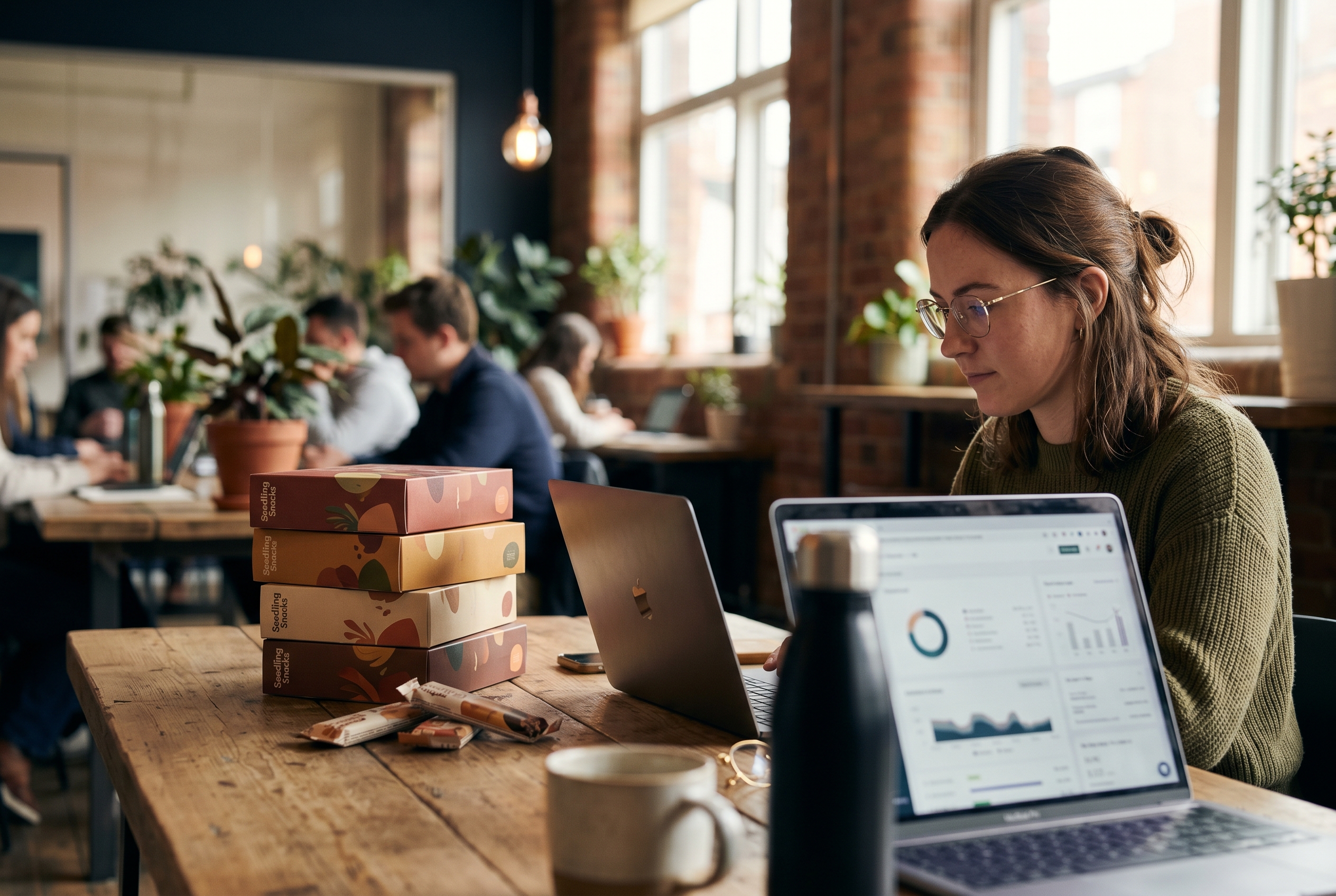 Entrepreneur reviewing analytics dashboard on a laptop with food product boxes stacked beside them