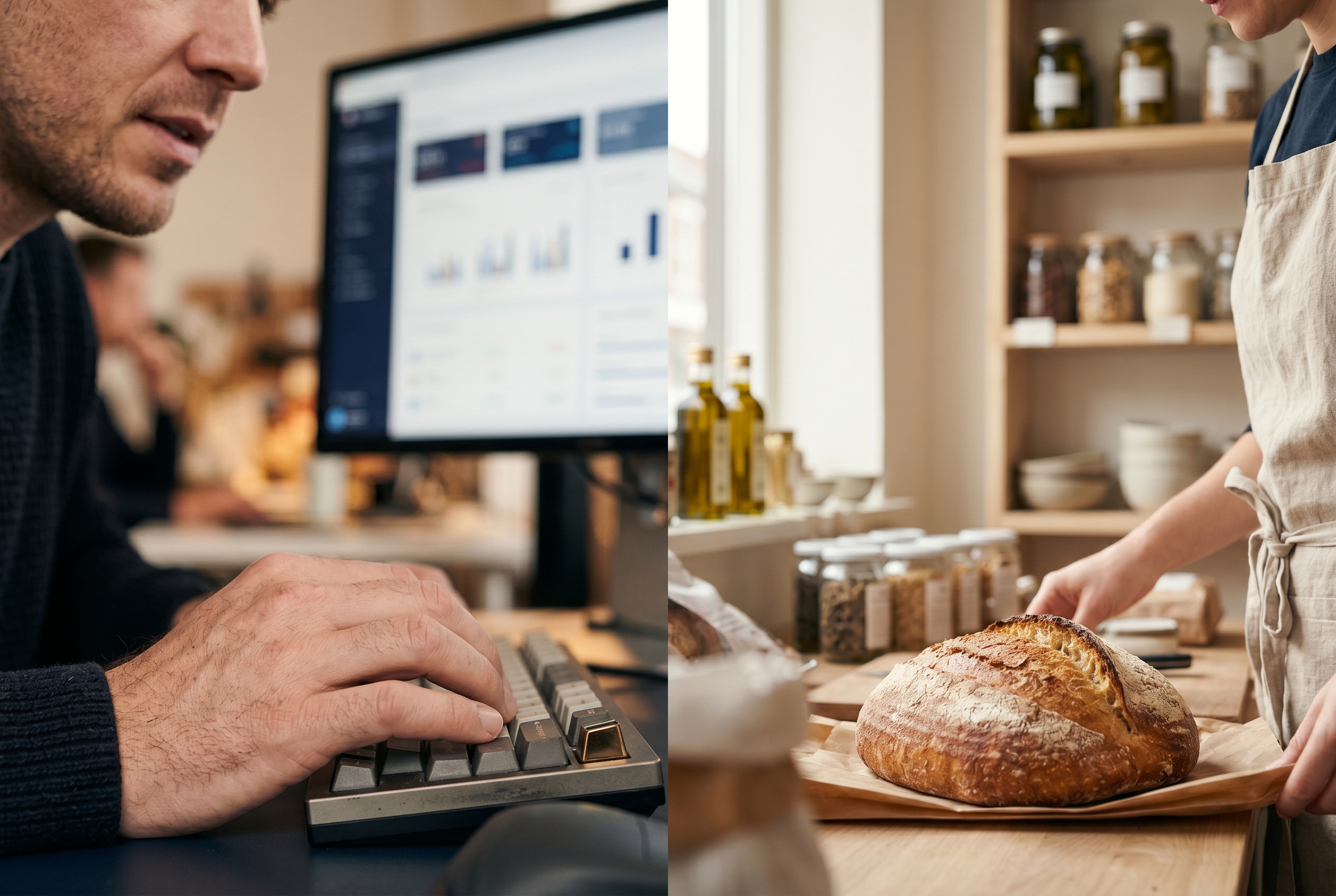 Split screen showing a complex technical dashboard on one side and a simple clean food store on the other
