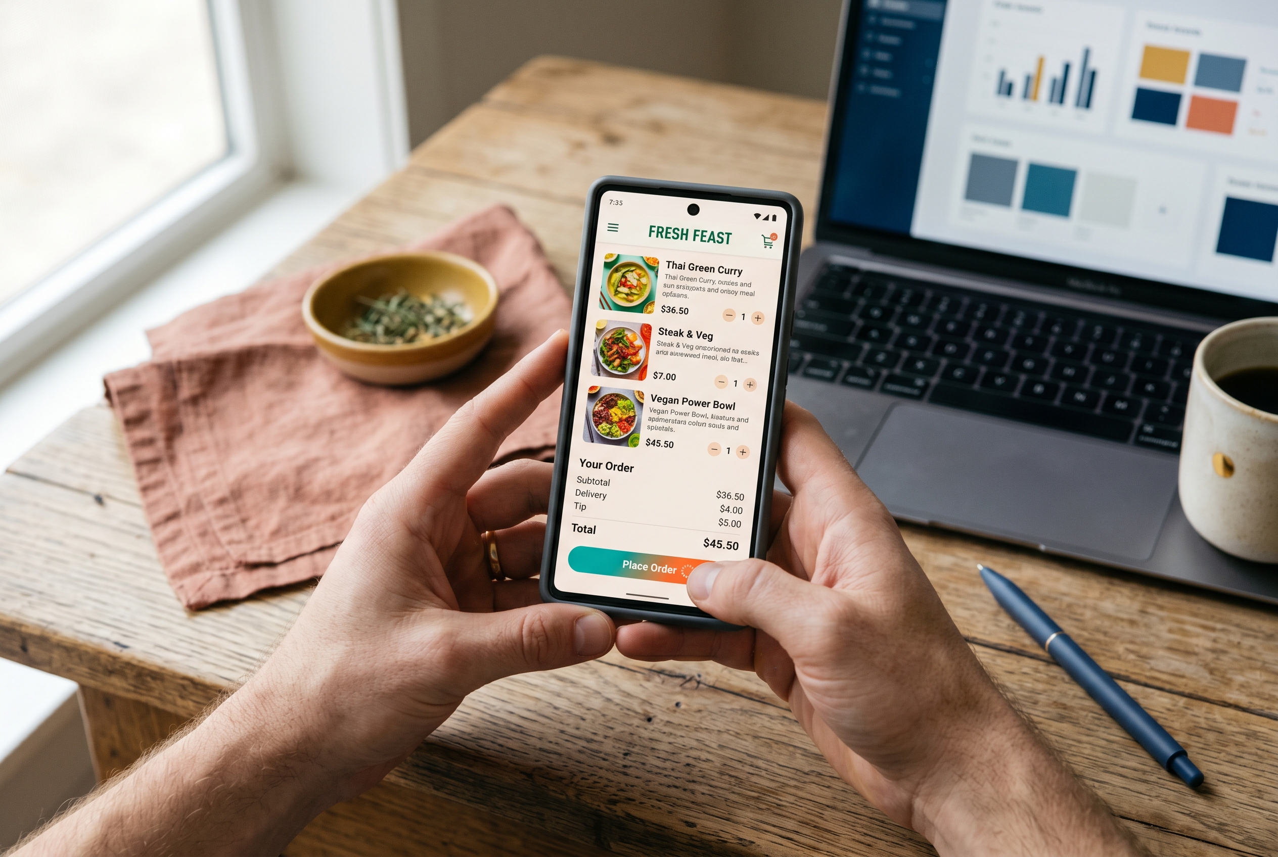 Hands holding a phone completing a food delivery checkout with colorful meal kit options on screen