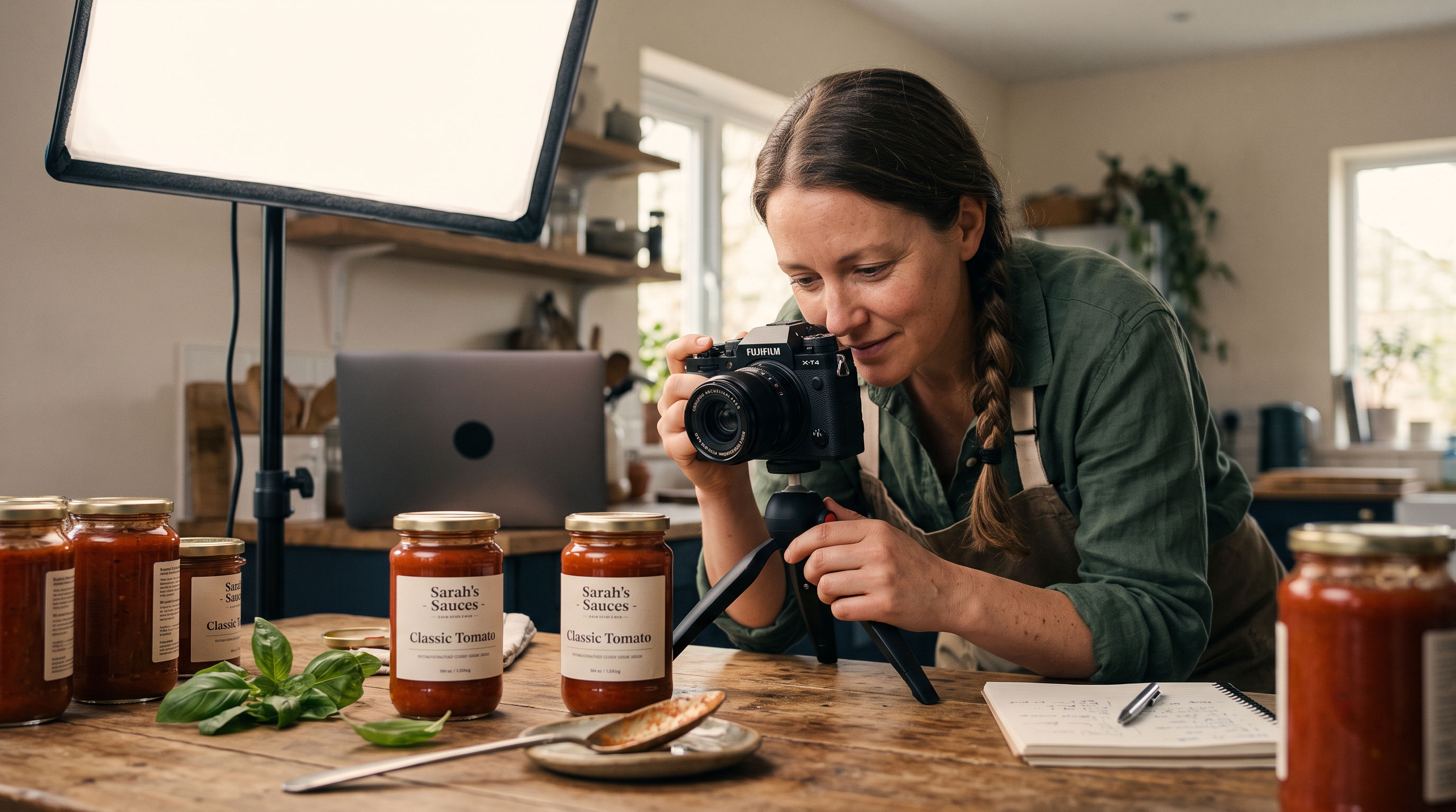 Small food business owner photographing jars of sauce on a wooden table under a softbox light in a home studio
