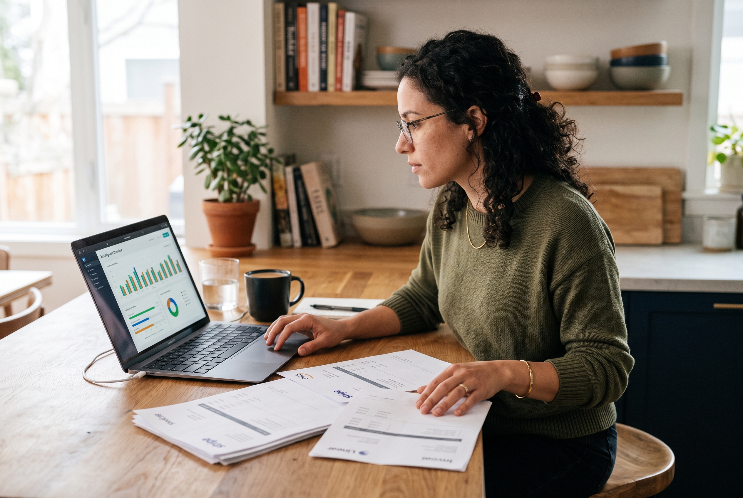 Founder at a kitchen counter reviewing a spreadsheet of monthly software bills on a laptop with invoices printed beside it
