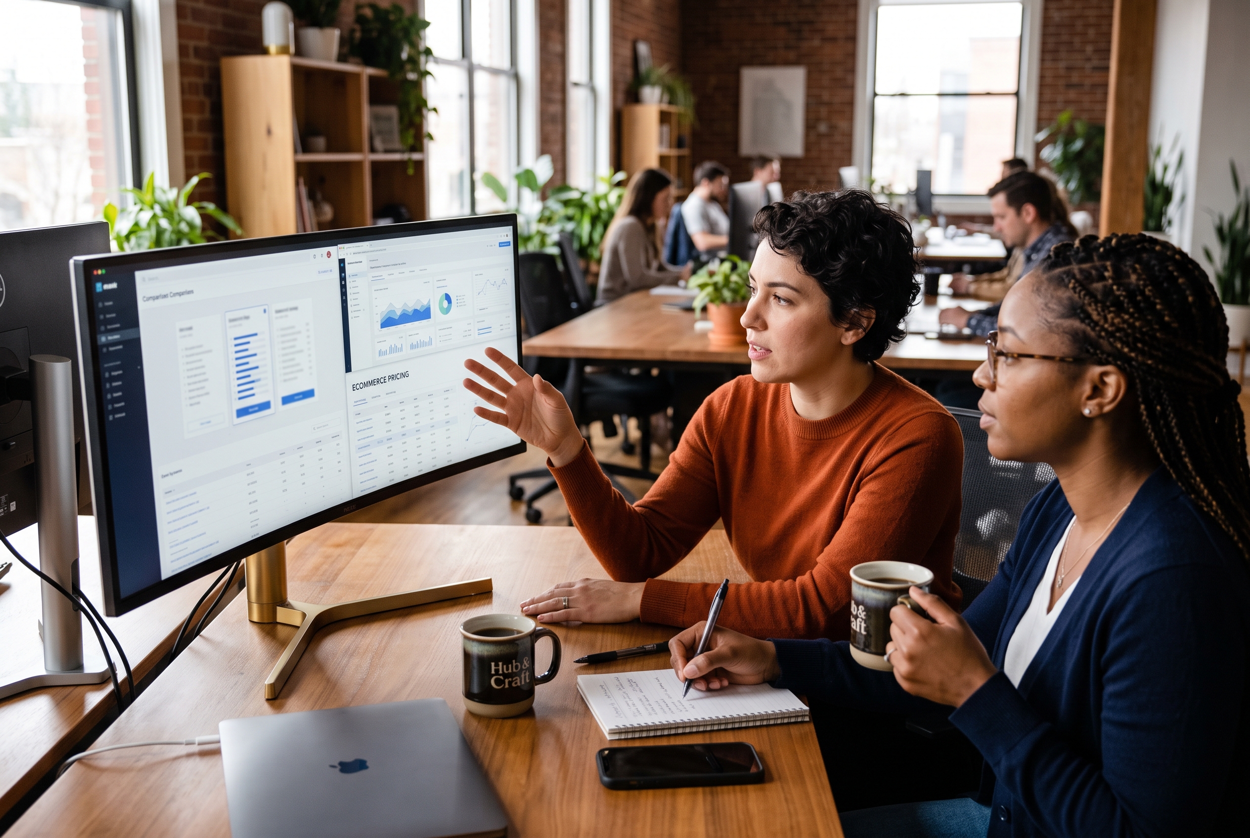Two people comparing ecommerce platform pricing on a wide monitor in a bright coworking office with coffee cups on the desk
