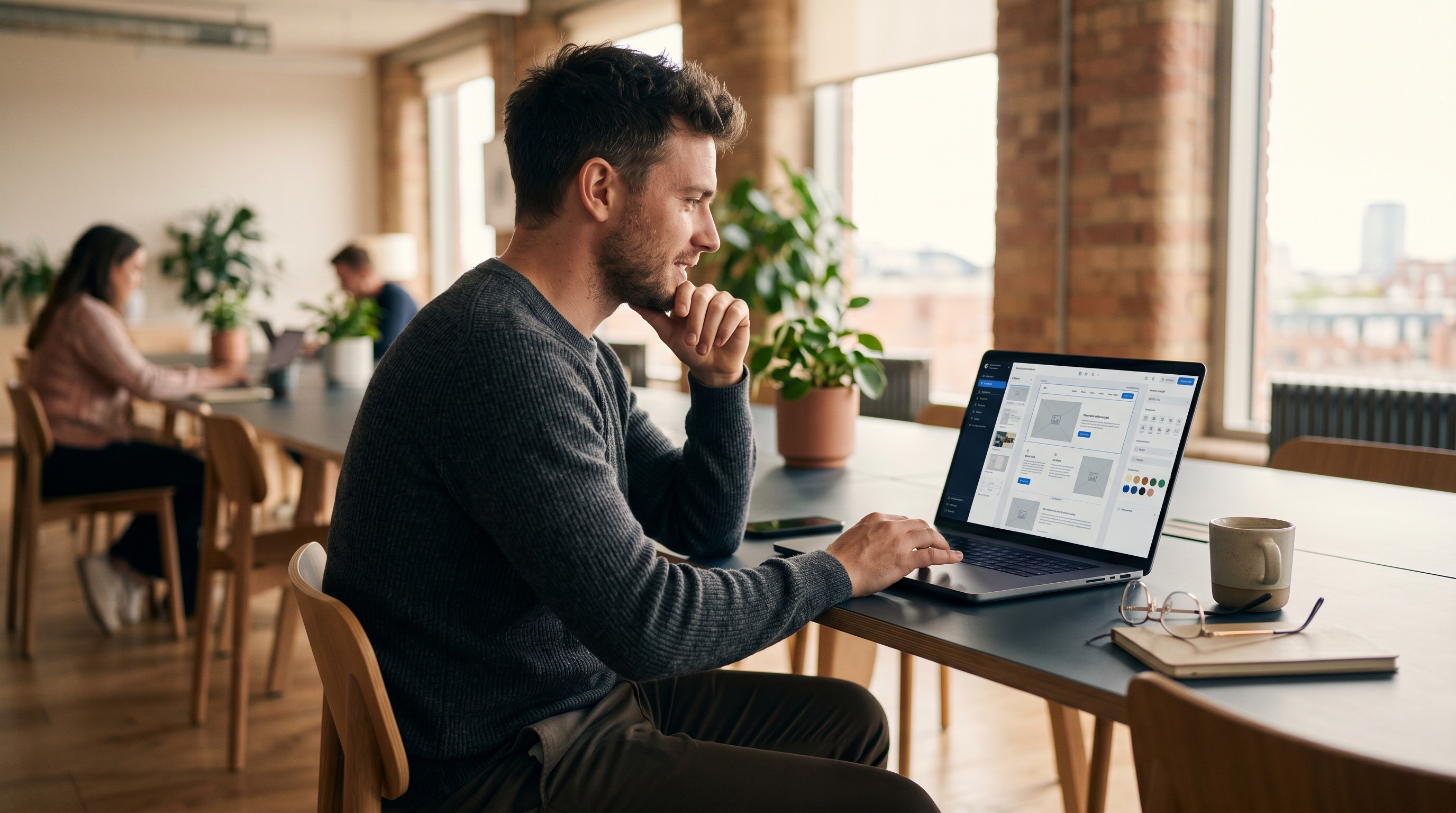 Entrepreneur sitting at a laptop watching an AI tool generate a complete website on screen in real time