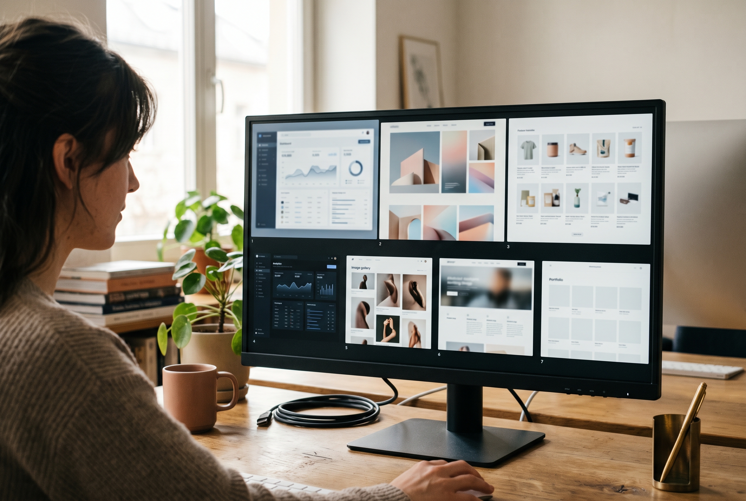 Split screen showing seven different AI-generated websites displayed in a grid layout on a desktop monitor