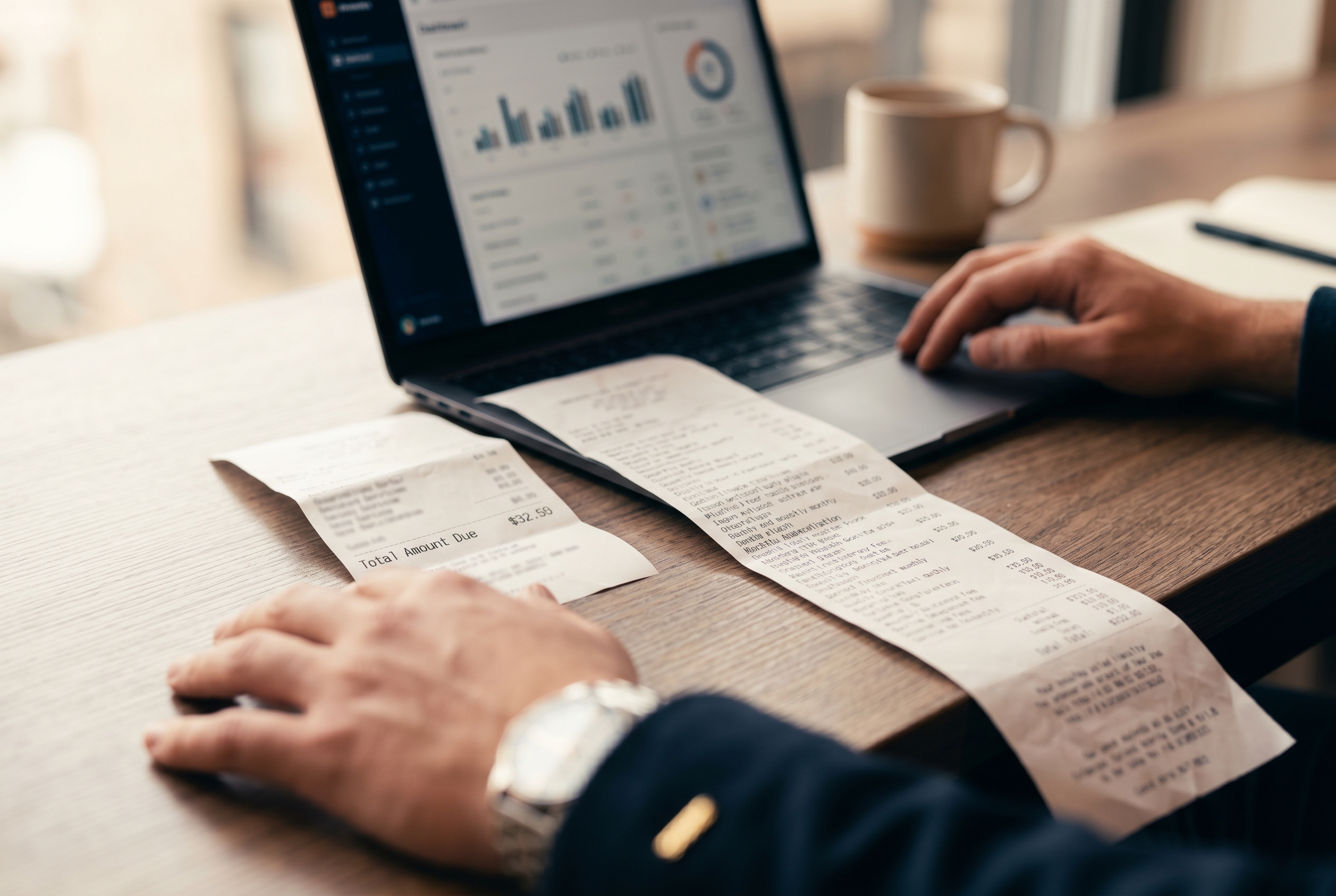 Two side-by-side receipts comparing a short simple bill versus a long itemized bill with many line items for plugins and services