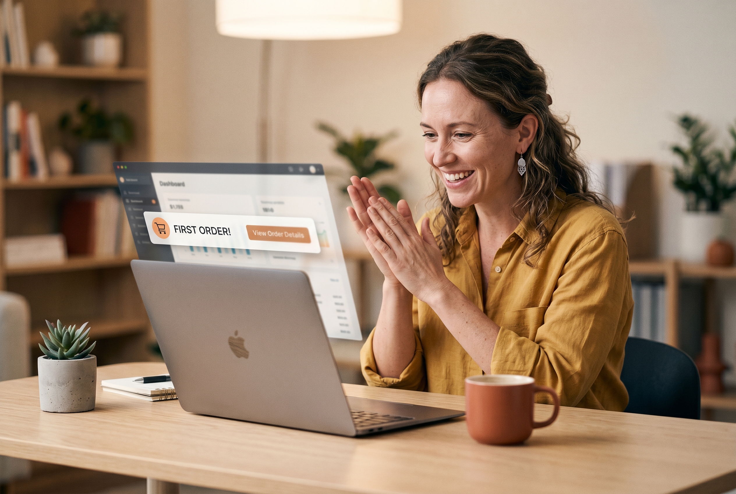 Small business owner celebrating as their new website goes live with a first order notification popping up on screen