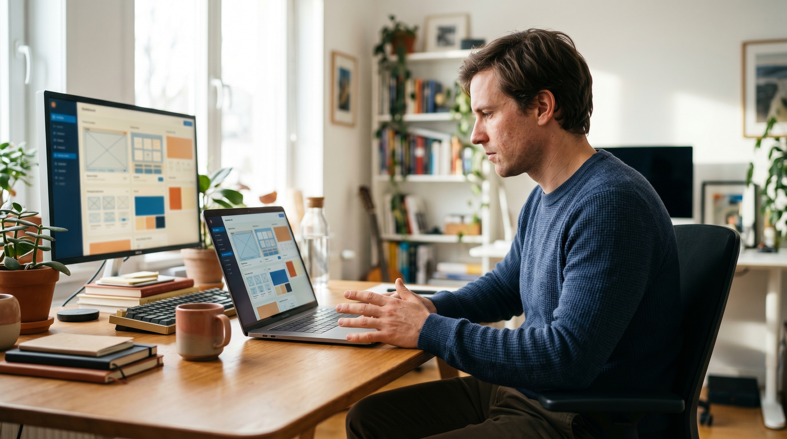 Entrepreneur browsing multiple store builder options on a laptop screen in a bright home office