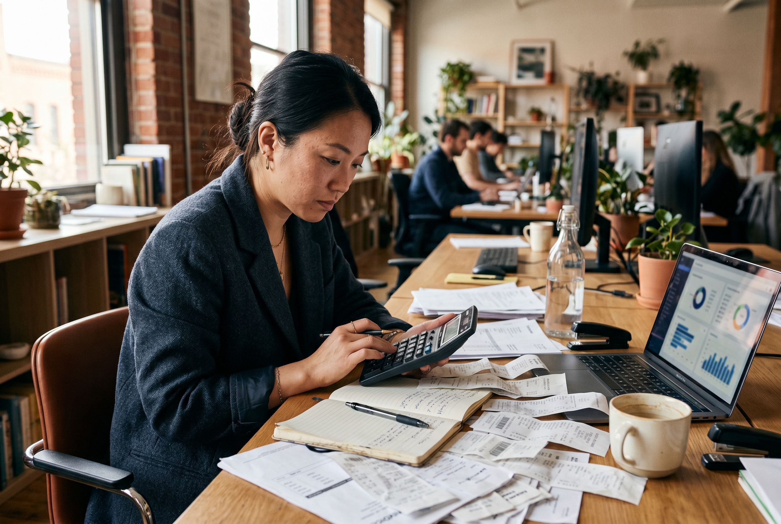 Business owner calculating hidden costs on a calculator with receipts and invoices scattered on a desk