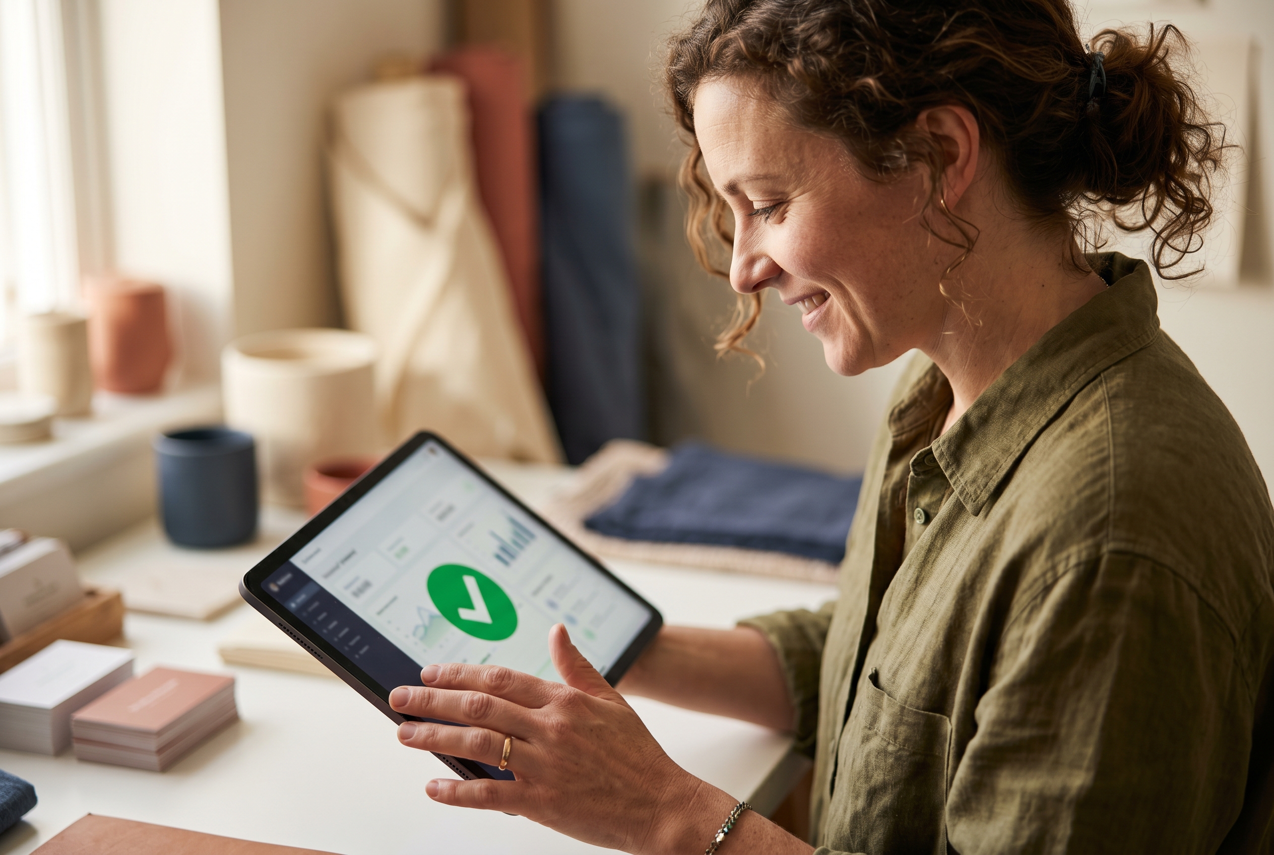Confident small business owner launching their online store on a tablet with a green success checkmark on screen