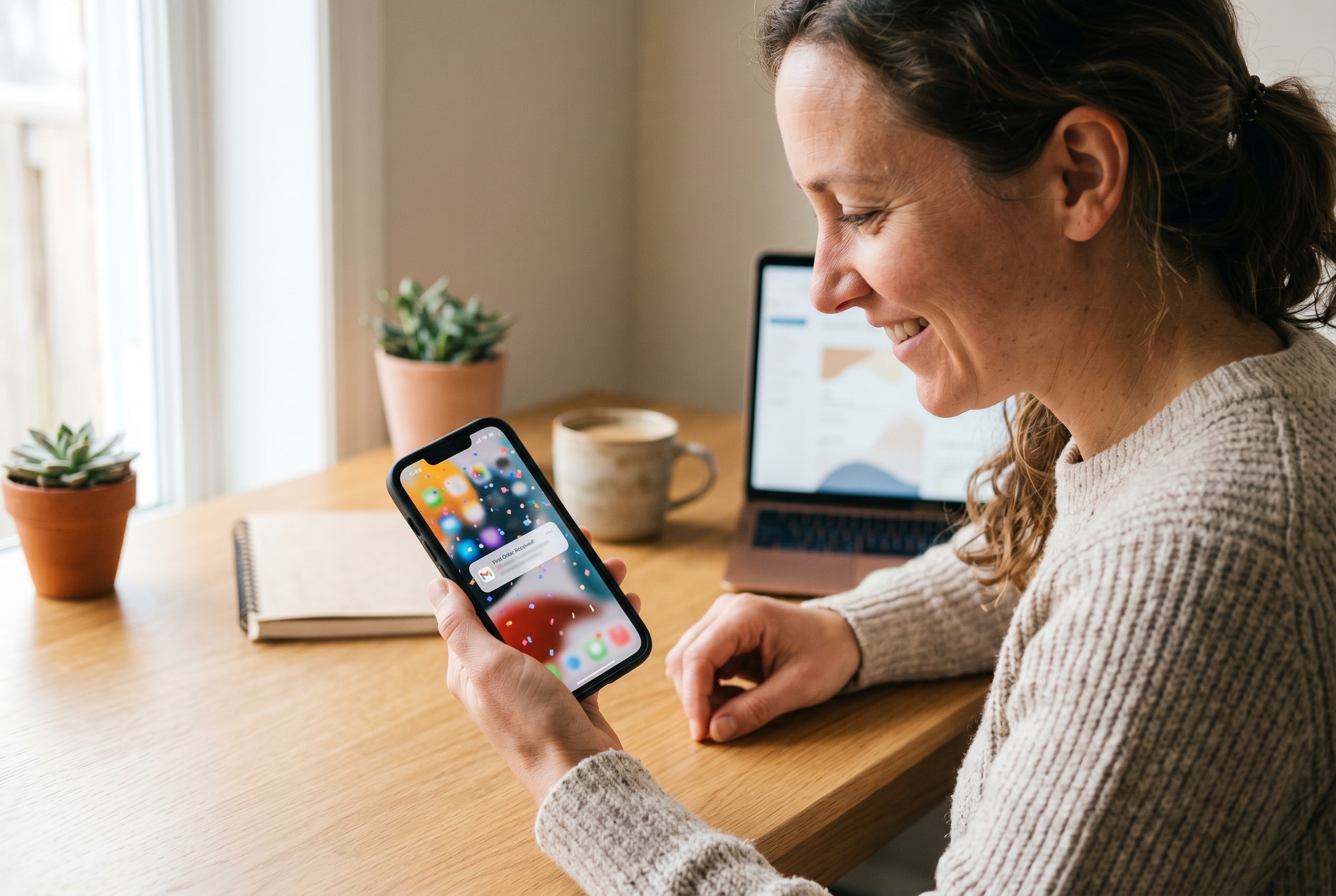 Online store going live with confetti animation and first order notification popping up on a phone screen