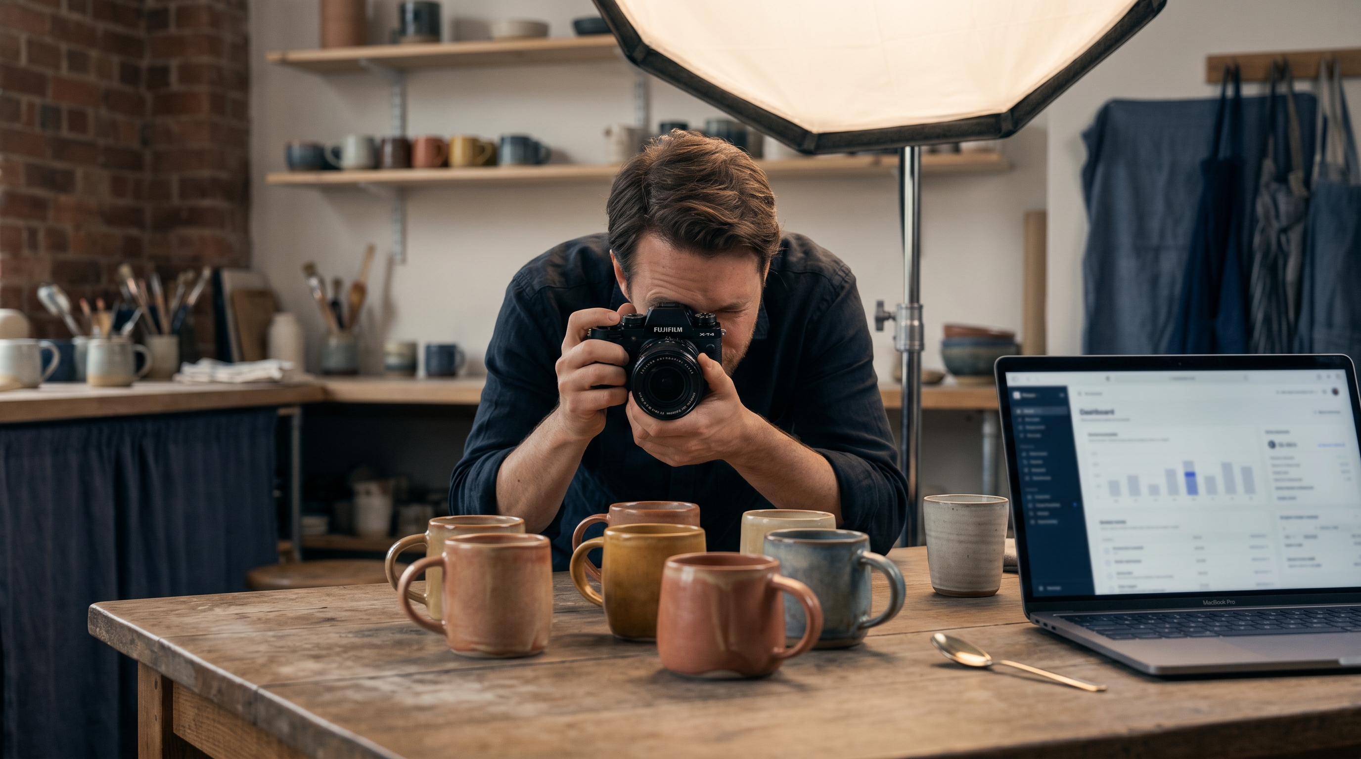 Maker photographing handmade ceramic mugs on a wooden table under a softbox light in a home studio