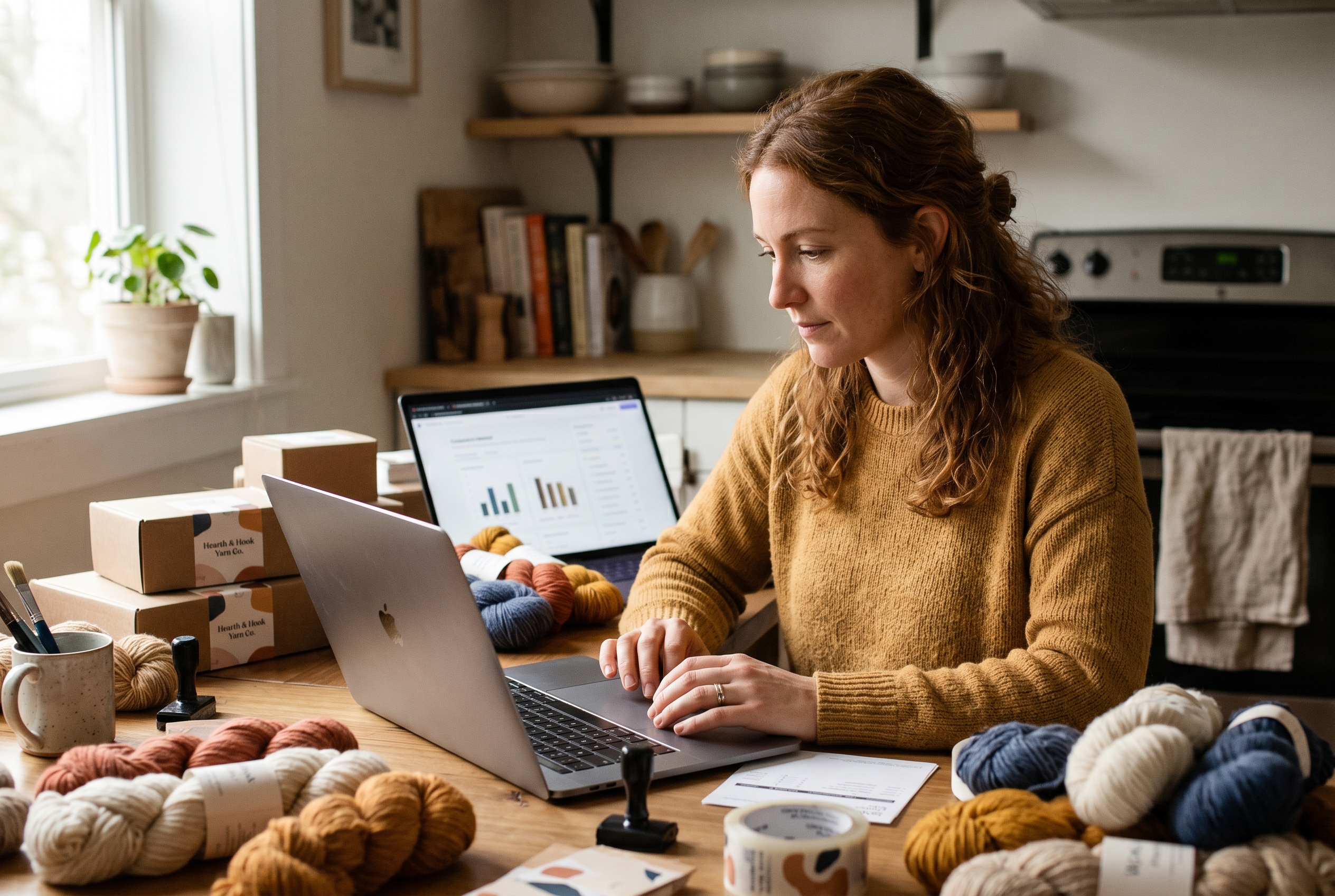 Small business owner comparing online store platforms on a laptop at a kitchen table surrounded by yarn and packaging