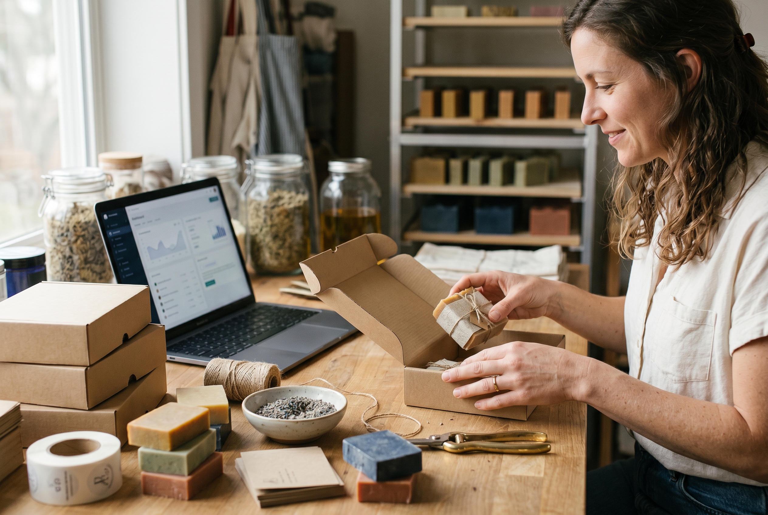 Crafter packing handmade soap orders into kraft boxes at a tidy workbench with a laptop showing new orders nearby