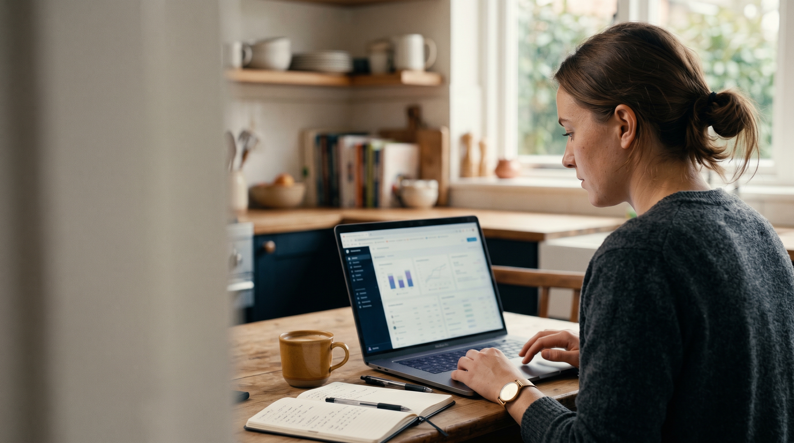 Small business owner comparing ecommerce platforms on a laptop at a kitchen table with coffee and notebooks