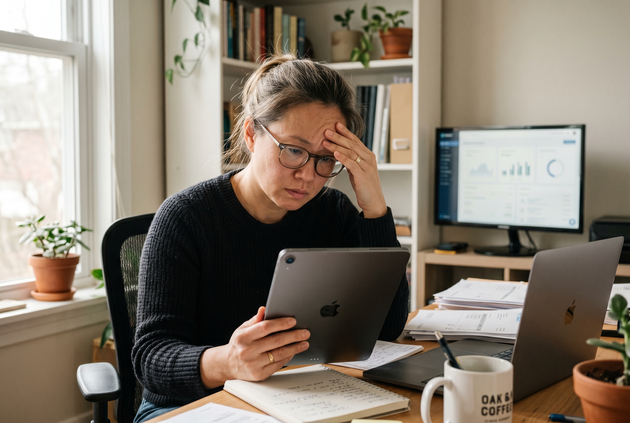 Frustrated store owner reviewing a long app billing statement on a tablet in a small home office