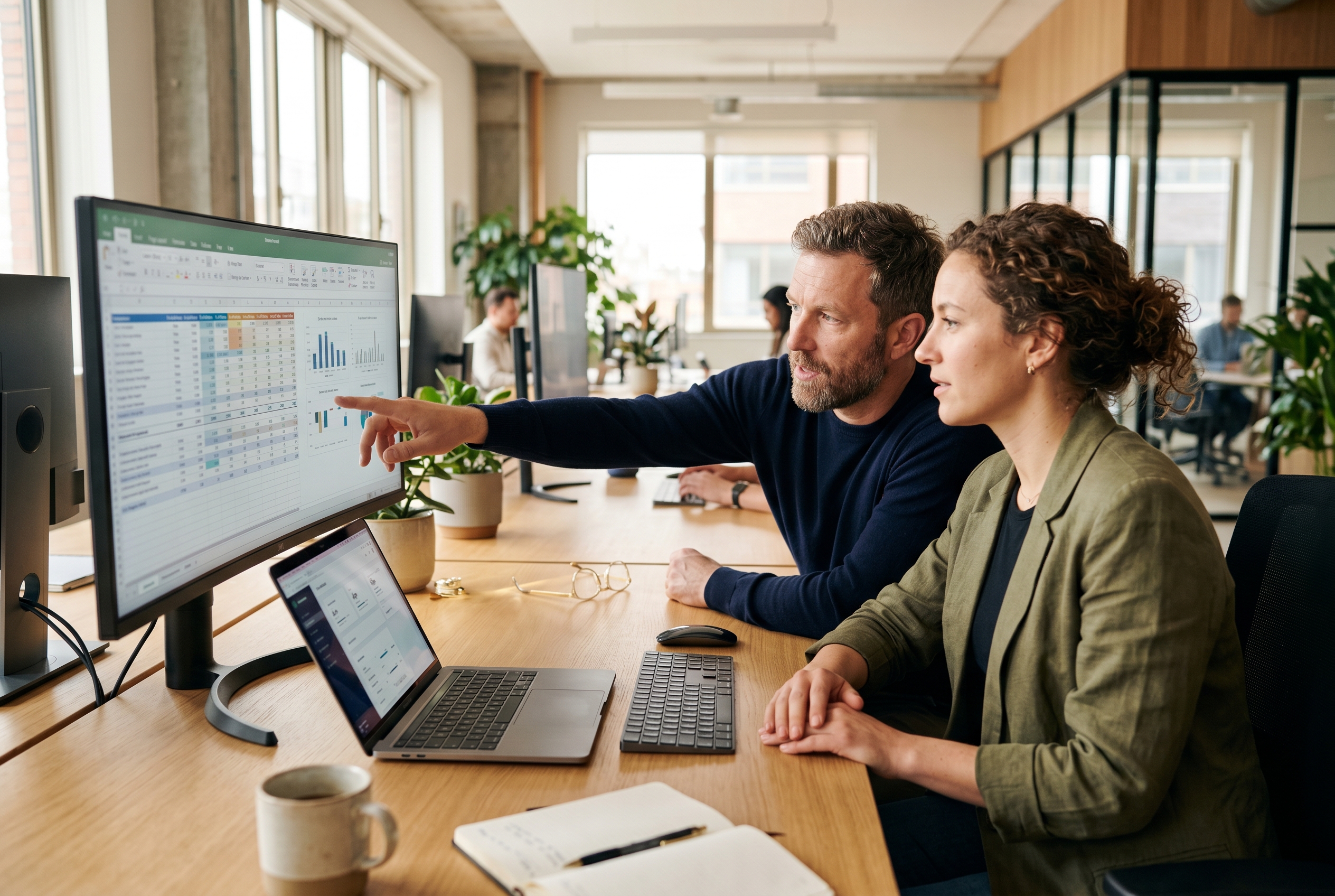 Two founders reviewing a side-by-side platform cost spreadsheet on a wide monitor in a bright office