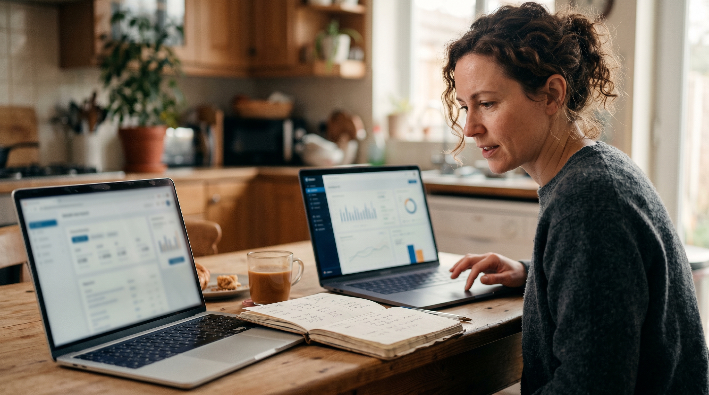 Small business owner comparing two laptops at a kitchen table with coffee and a notebook of pricing notes