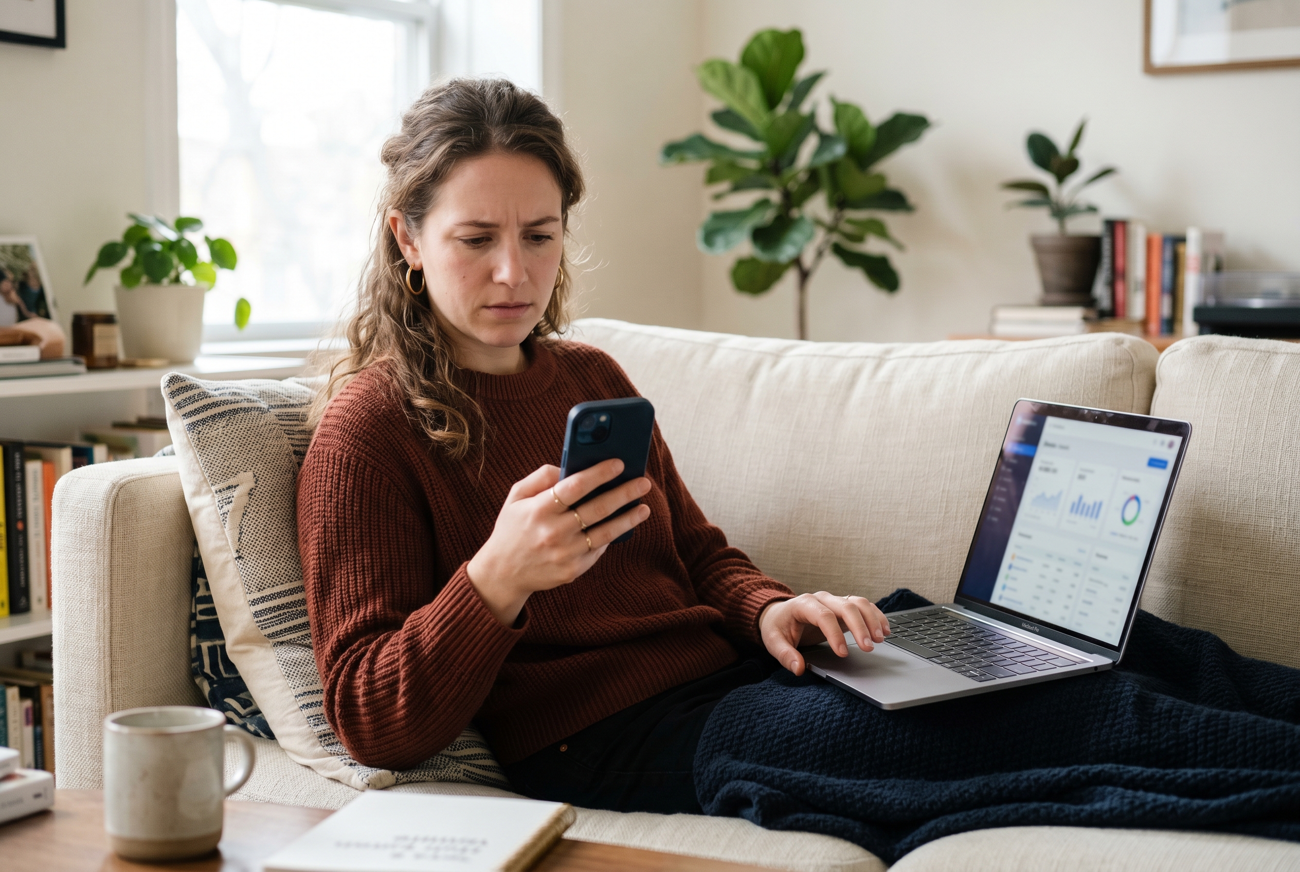 Founder frowning at a credit card statement on a phone while sitting on a couch with a laptop open beside her