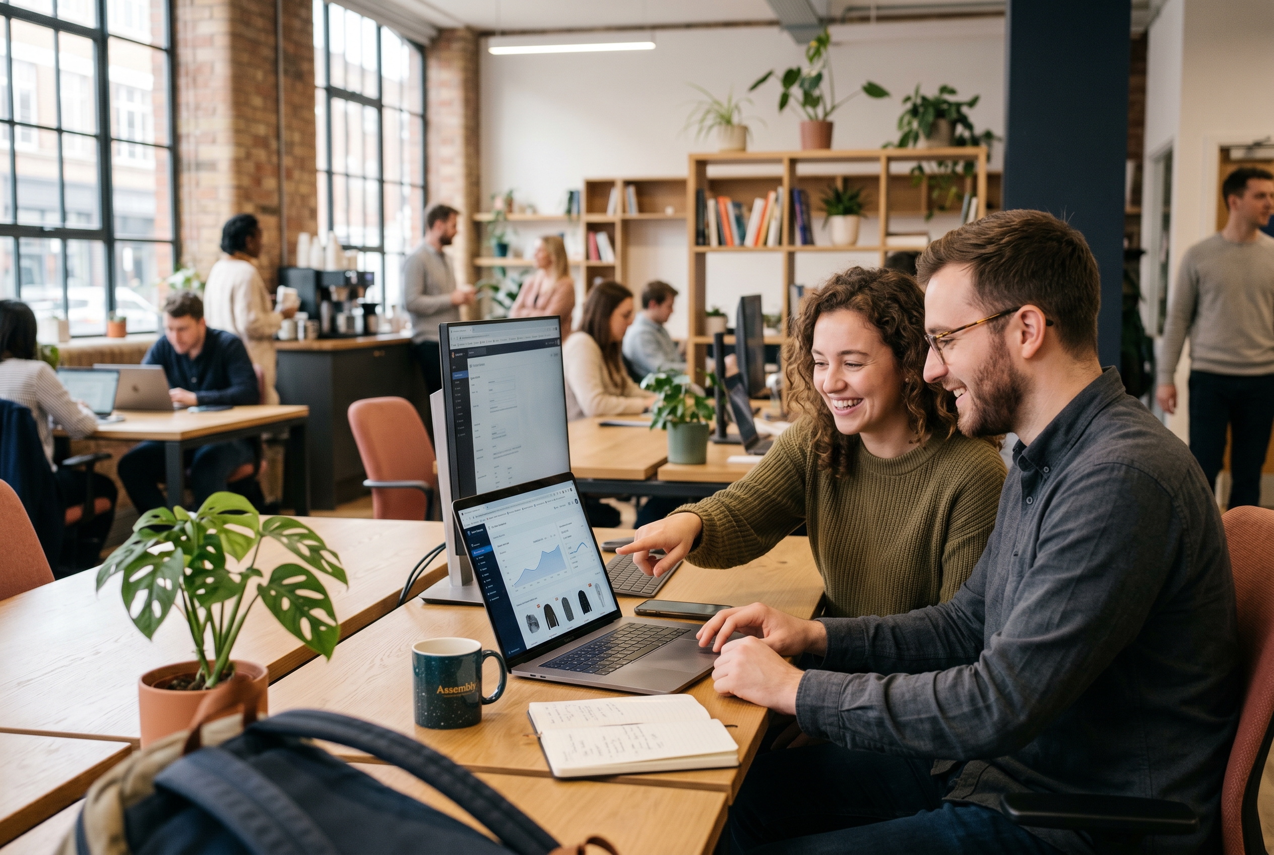 Two people testing a new online store on a laptop in a bright coworking space, pointing at the screen and smiling