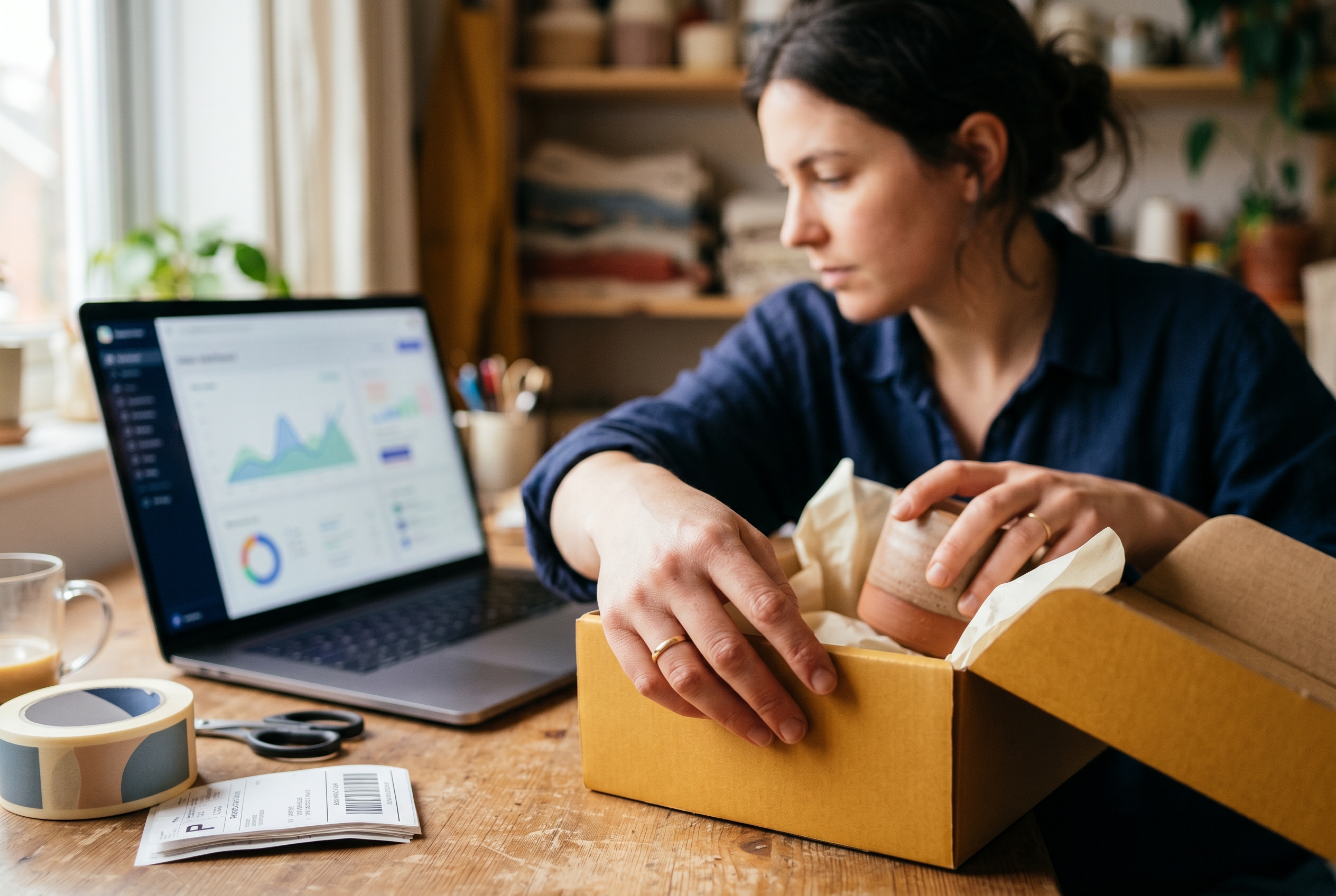 Entrepreneur packing a customer order in a small home studio with a laptop showing new sales on the desk
