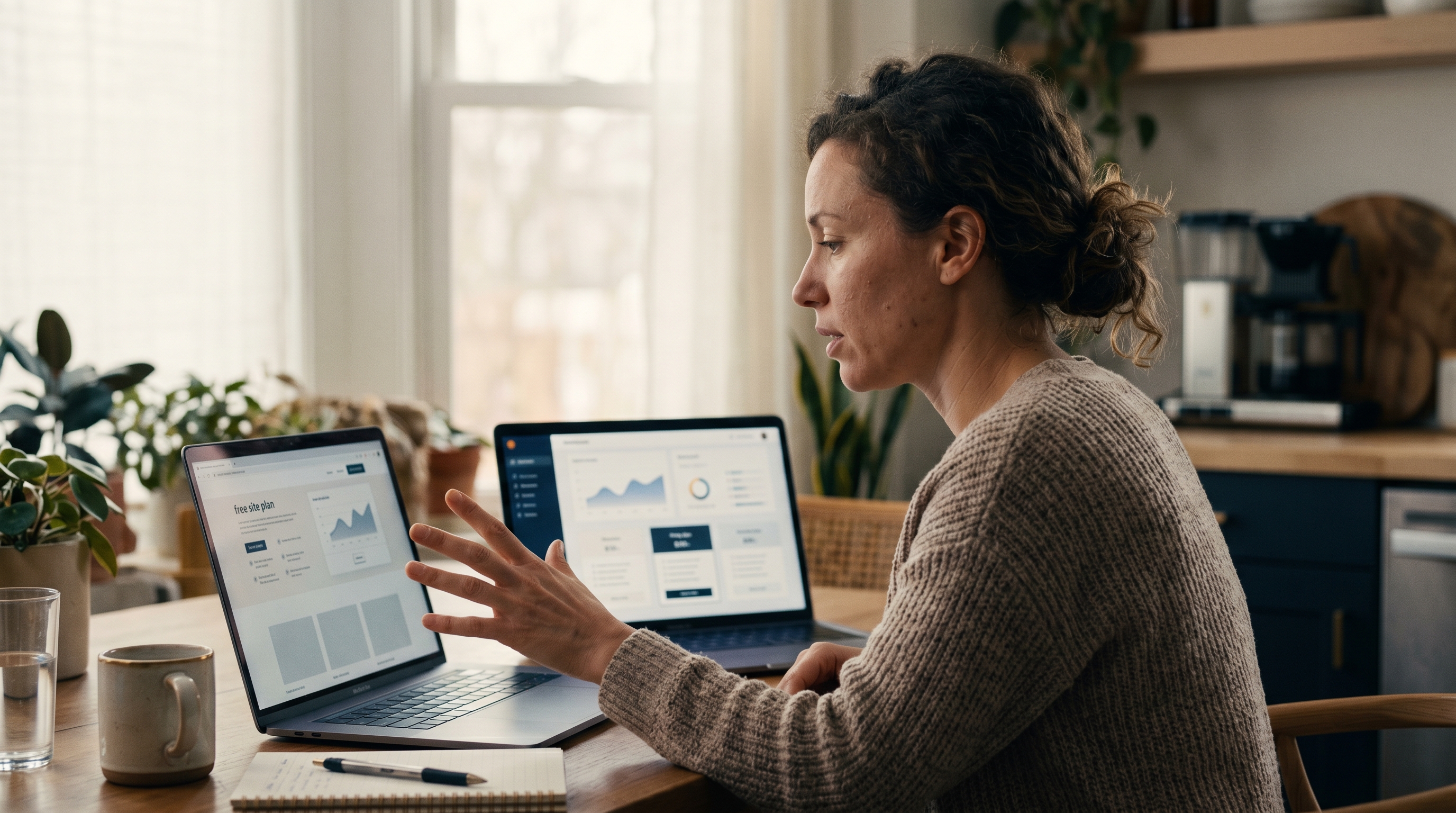 Small business owner comparing two laptops at a kitchen table, one showing a free site plan and one a paid plan, morning light