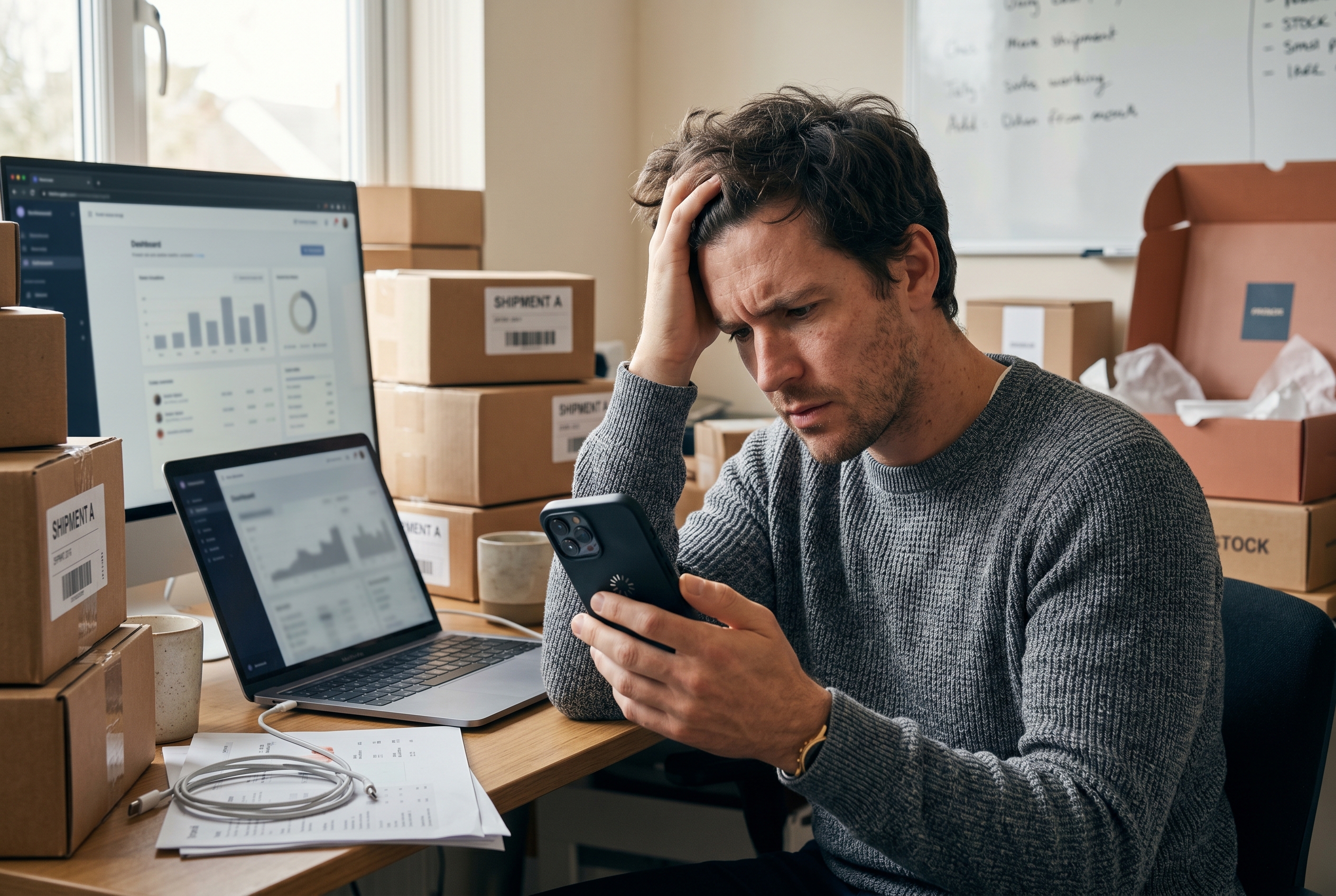 Frustrated founder staring at a slow-loading website on a phone in a small home office surrounded by product boxes