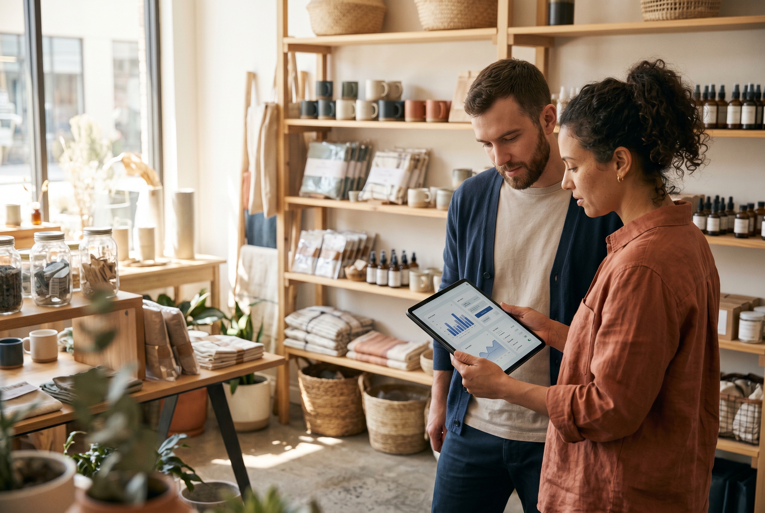 Two small business partners reviewing sales figures on a tablet in a sunlit boutique storefront with shelves of products behind them