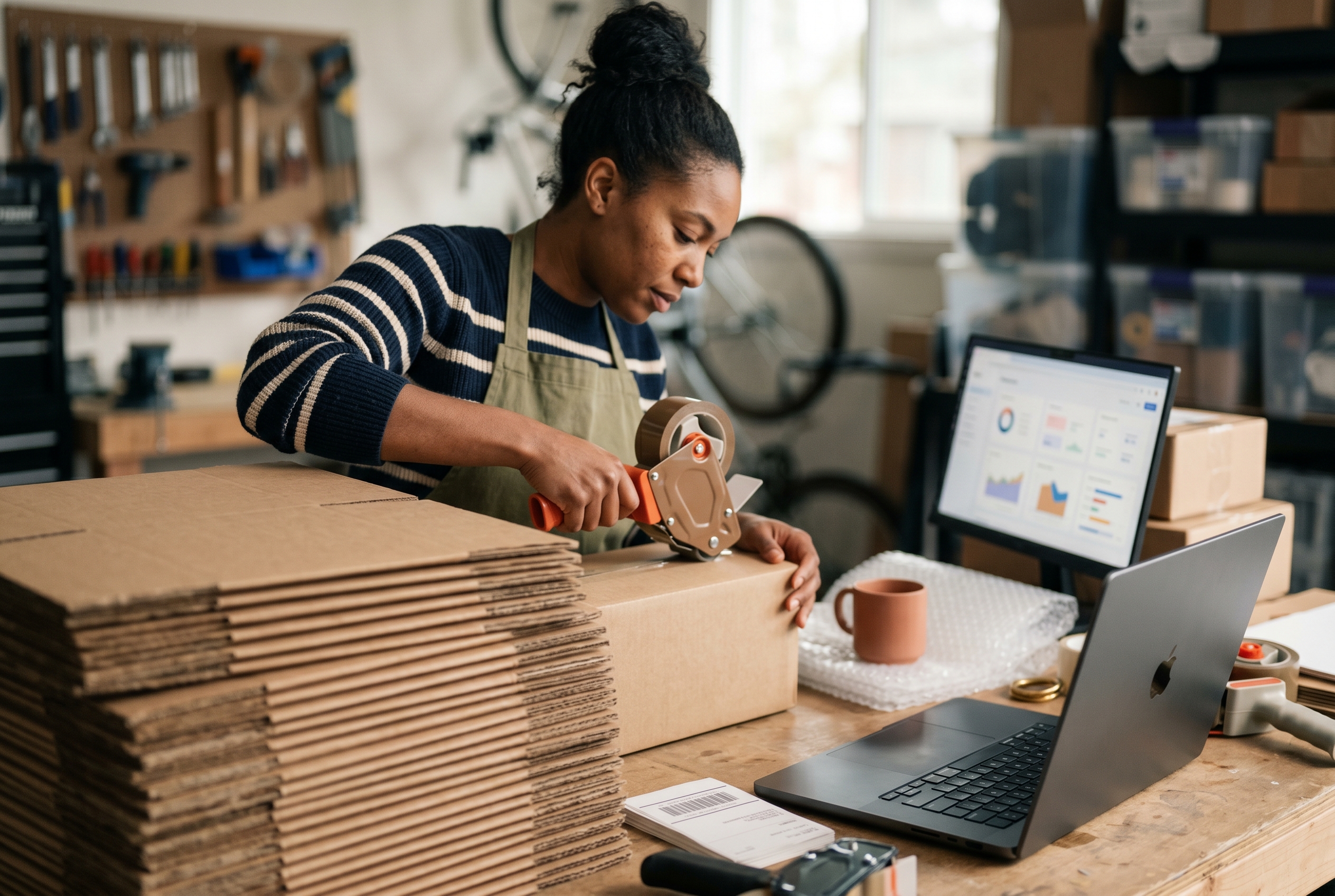 Entrepreneur packing customer orders into shipping boxes in a tidy garage workspace with a laptop open to an order dashboard nearby