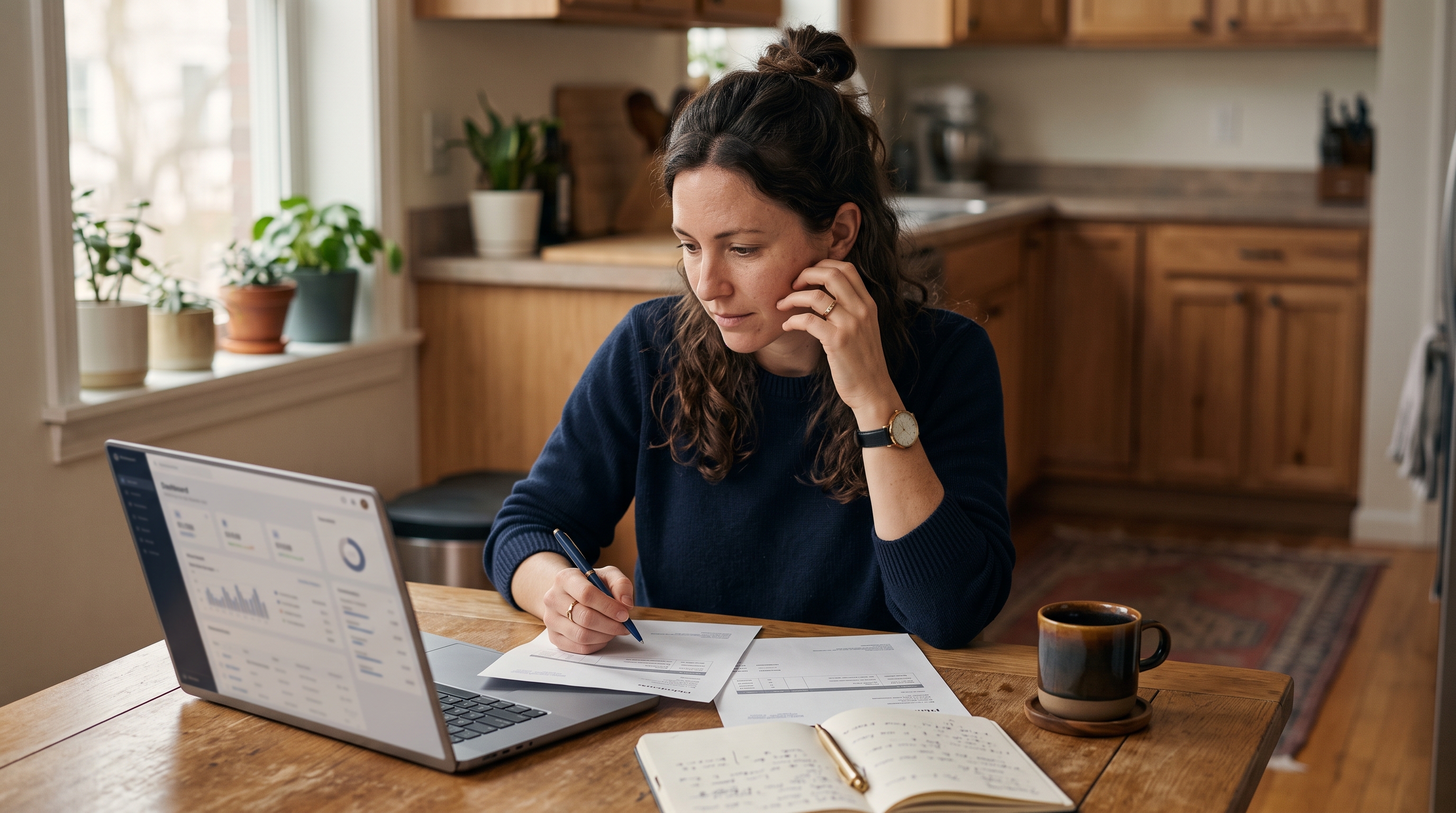 Small business owner reviewing two project quotes on a laptop at a kitchen table with coffee and notes