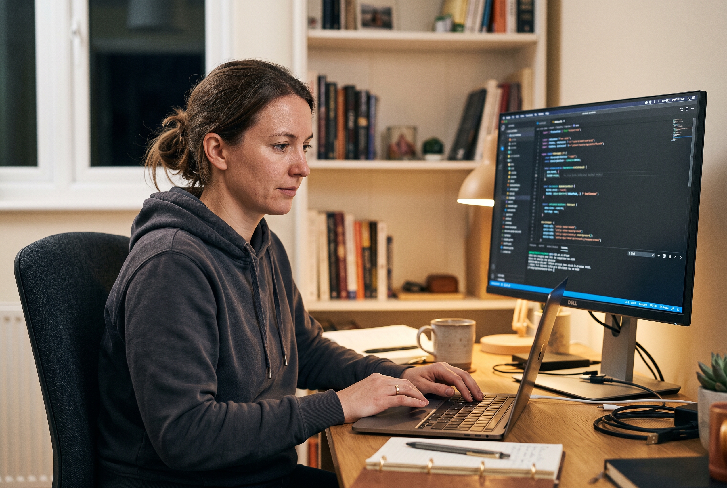 Freelance developer working alone on a laptop in a home office with a second monitor showing code at night
