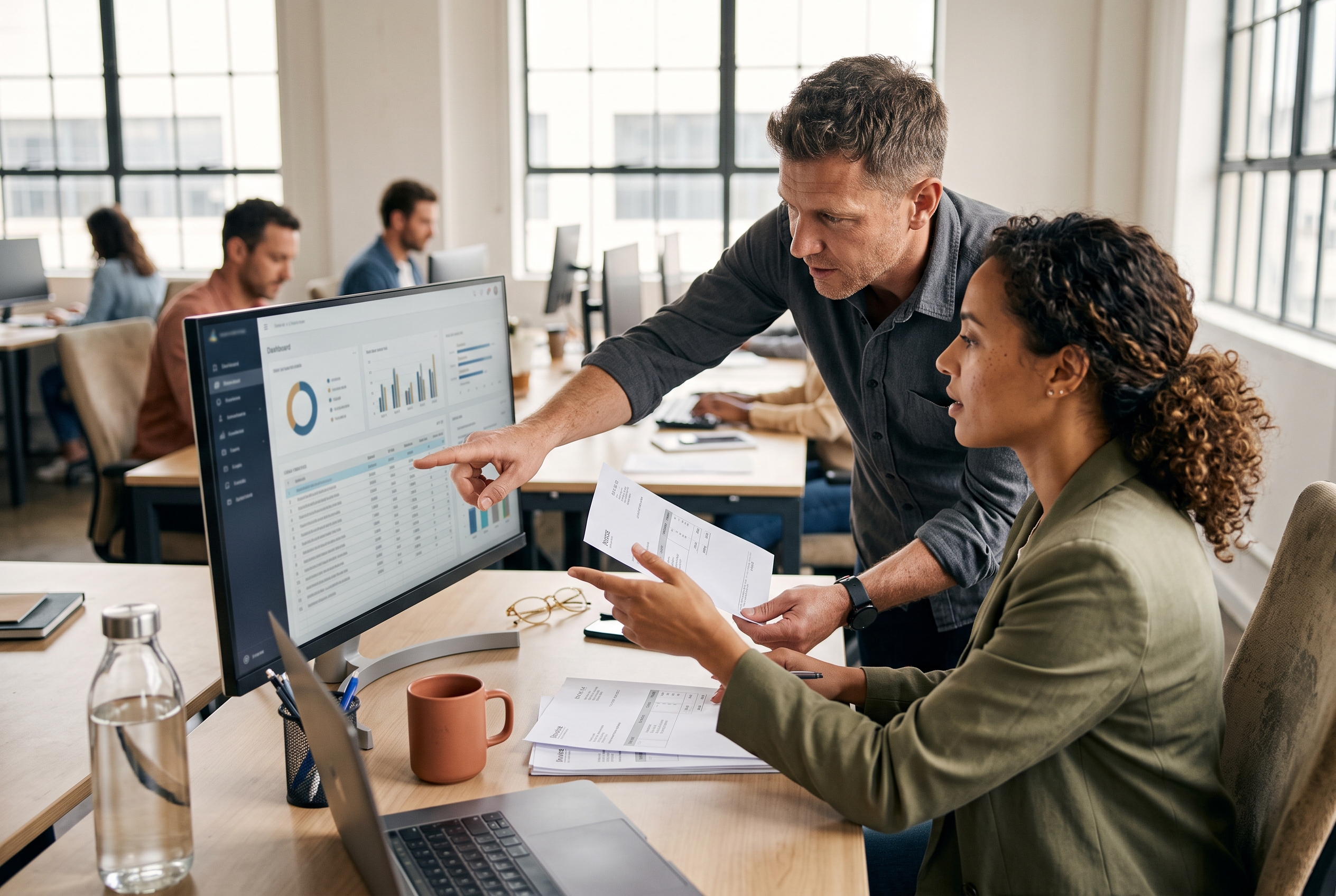 Two business partners comparing printed invoices and a spreadsheet on a wide monitor in a bright office