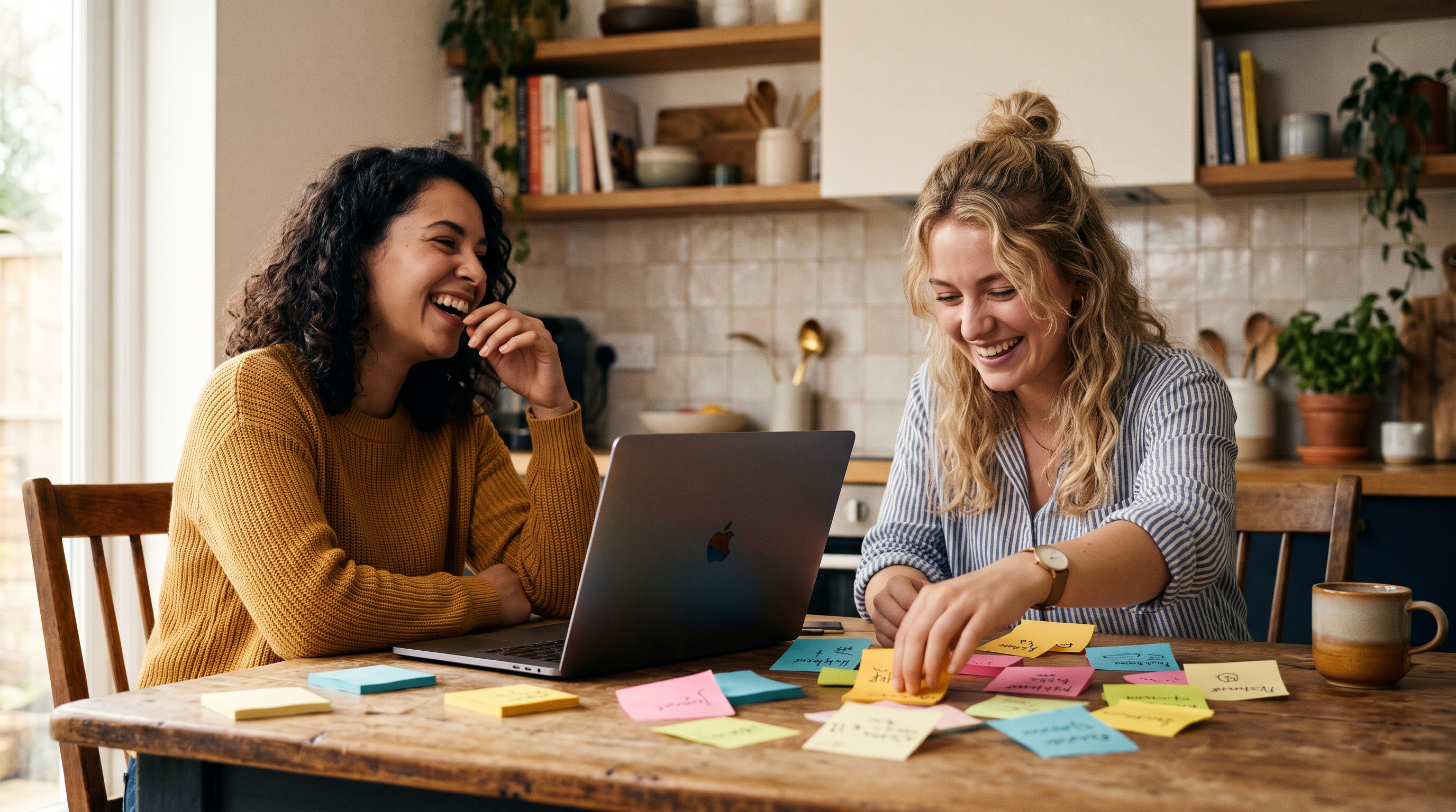 Two friends laughing over sticky notes of shop name ideas spread across a kitchen table with a laptop open
