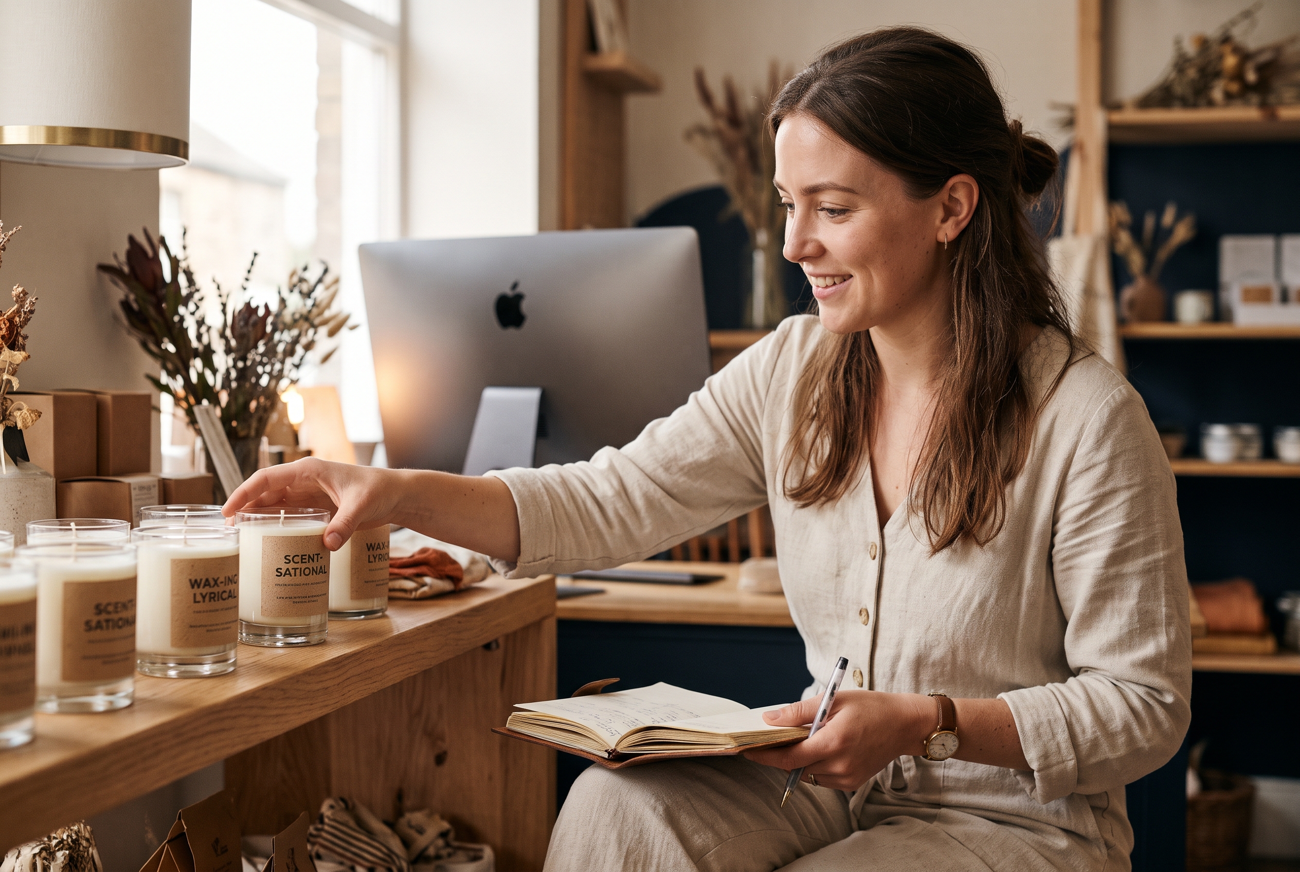 Shop owner arranging handmade pun-labeled candles on a wooden shelf while brainstorming names in a notebook