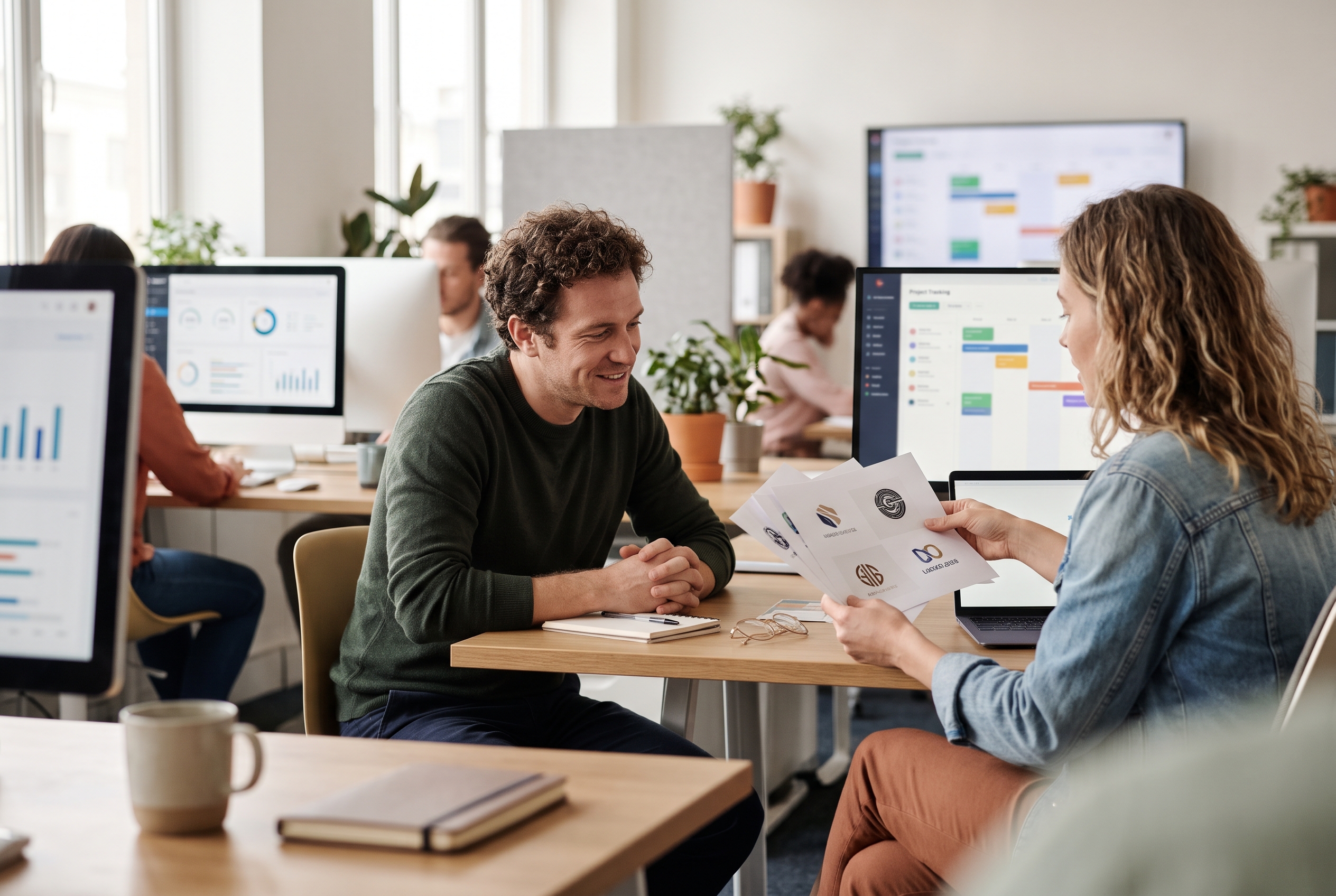 Founder testing name ideas by showing printed logo mockups to a coworker at a bright shared desk