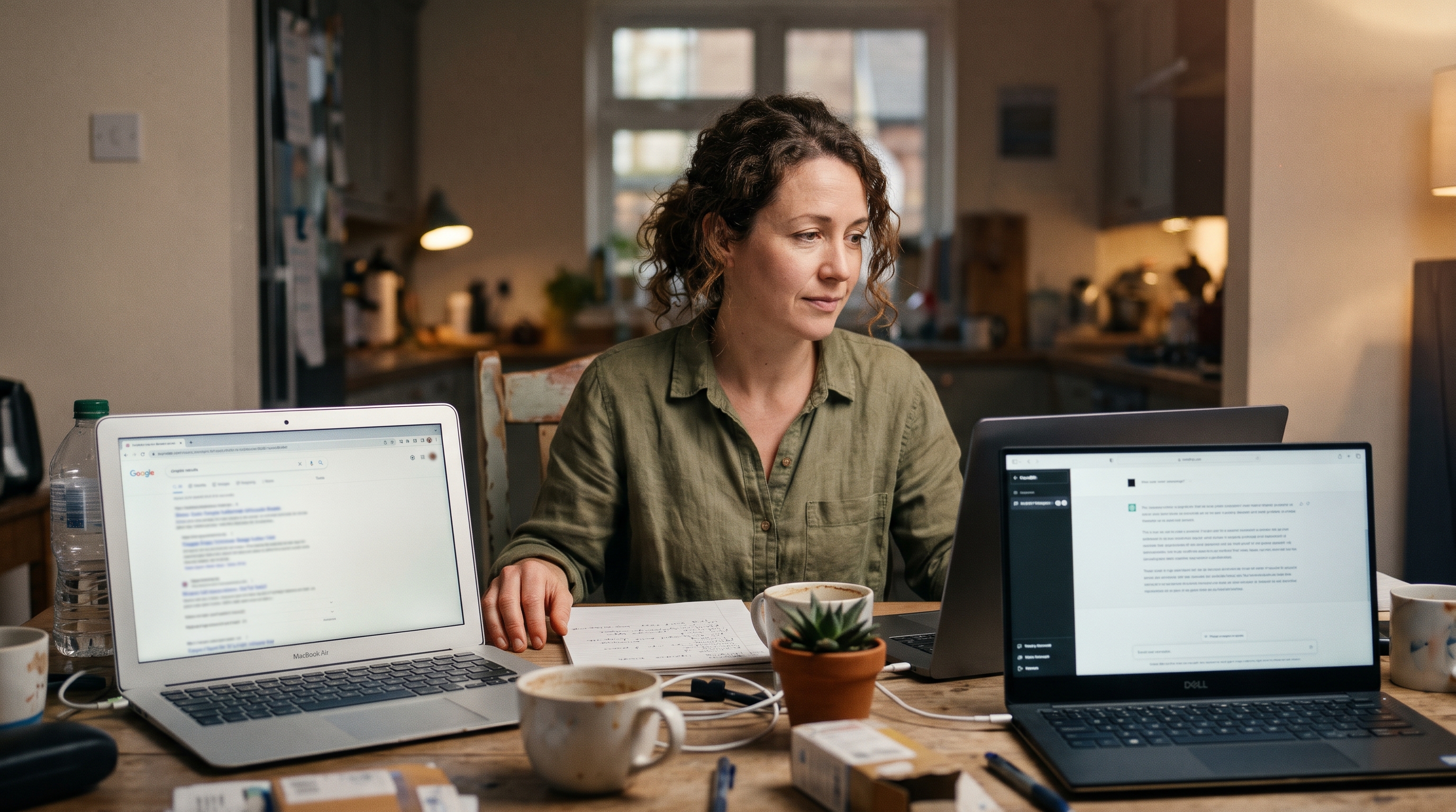 Store owner comparing Google search results and a ChatGPT answer on two laptops at a cluttered kitchen table