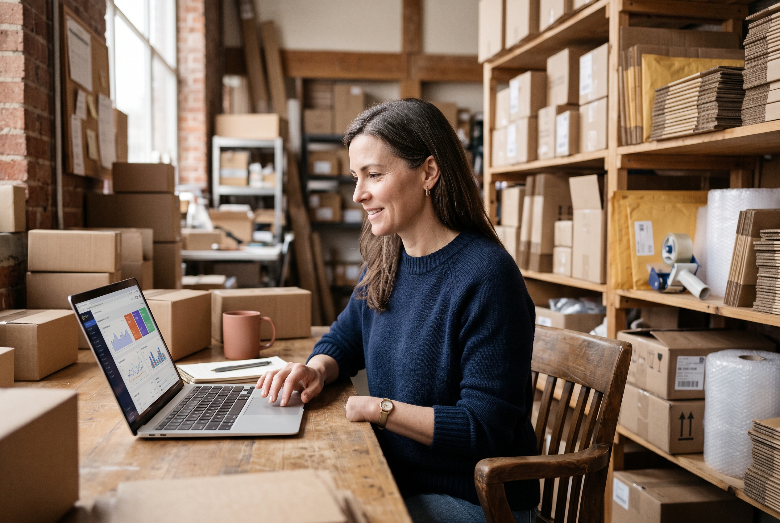 Ecommerce founder reviewing organic traffic report on a laptop beside a packed shipping shelf in a small warehouse
