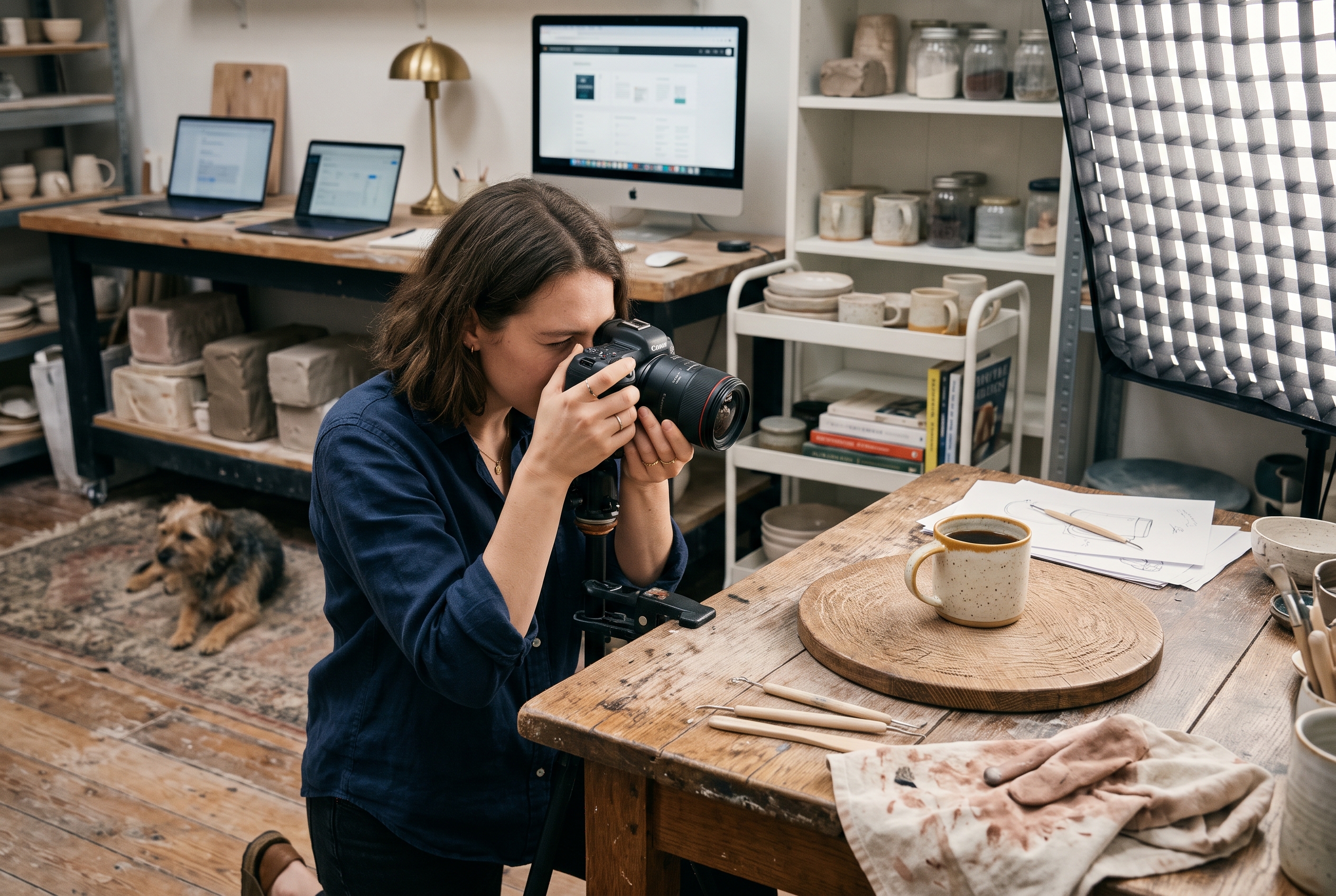 Small business owner photographing a ceramic mug on a wooden table with a softbox light for a product page