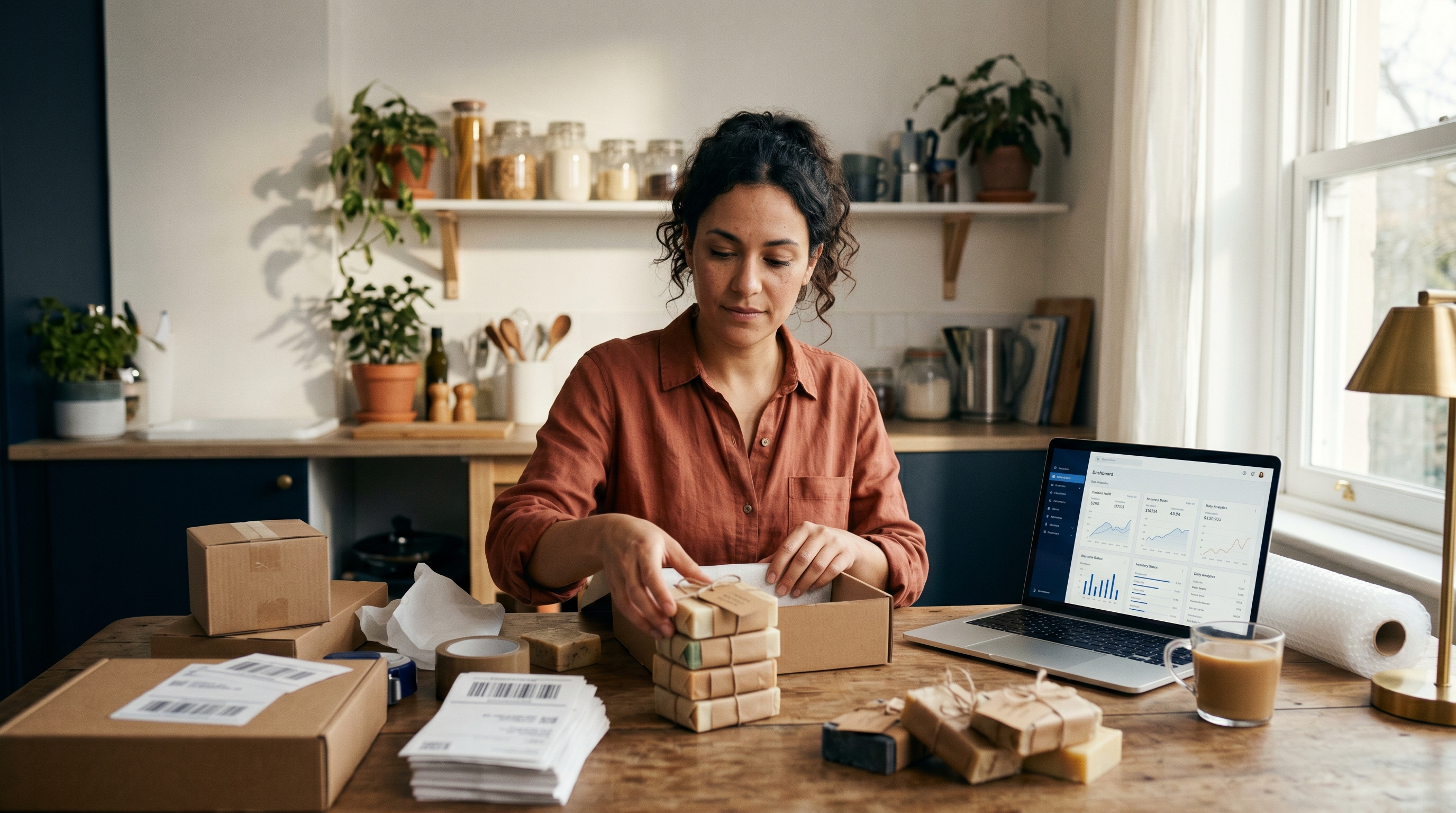 Small business owner packing handmade soap orders at a kitchen table with a laptop showing her store open beside her