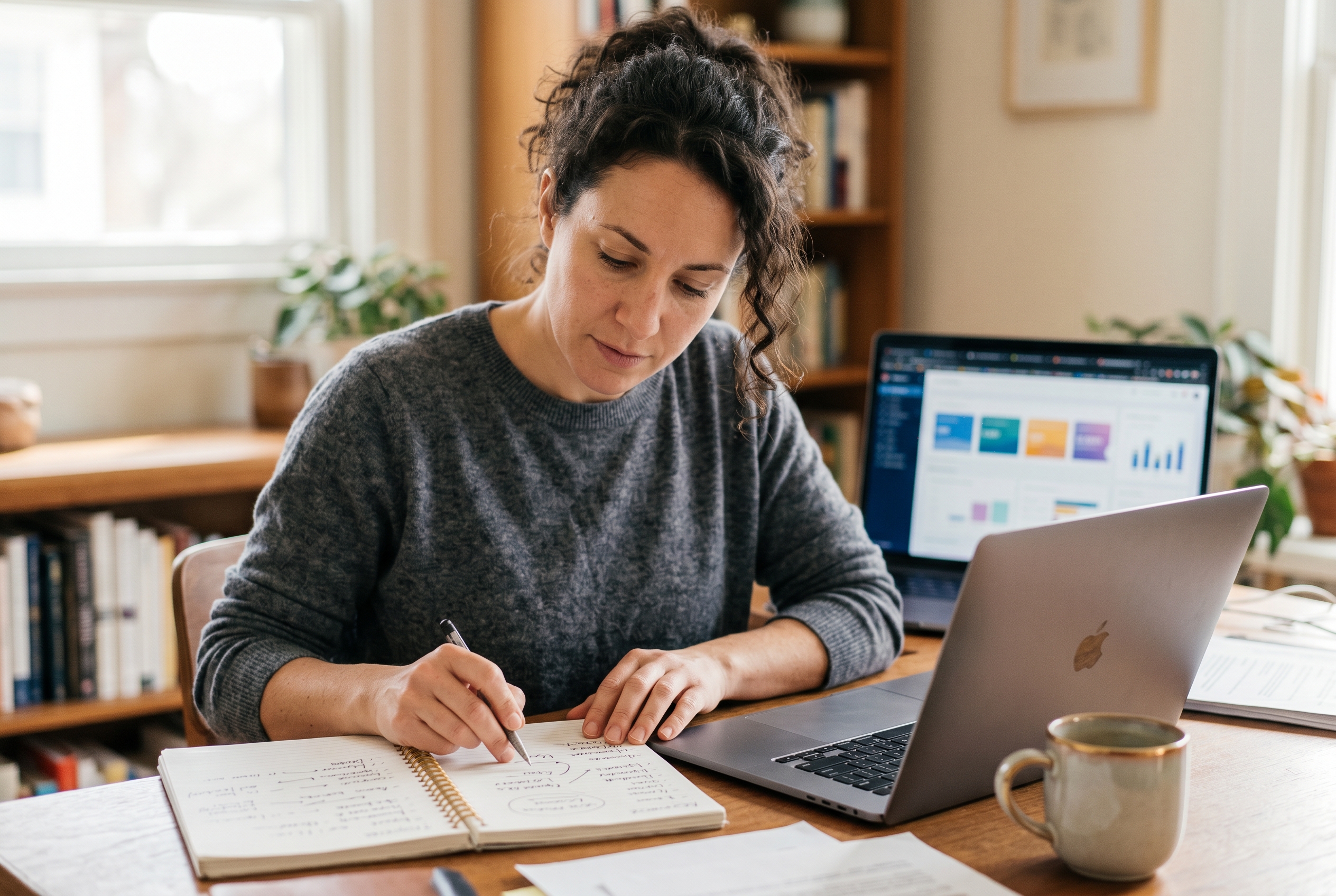 Founder reviewing keyword notes in a notebook beside a laptop in a sunlit home office with a coffee mug nearby